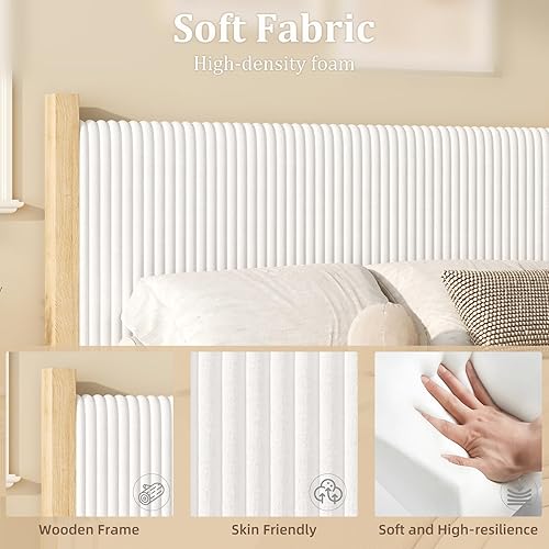 Miniatura 4 de HOMBCK Base de cama Queen con cabecero, base de cama tapizada de pana, cabecera de diseño de canal vertical, no necesita somier, estructura fuerte,