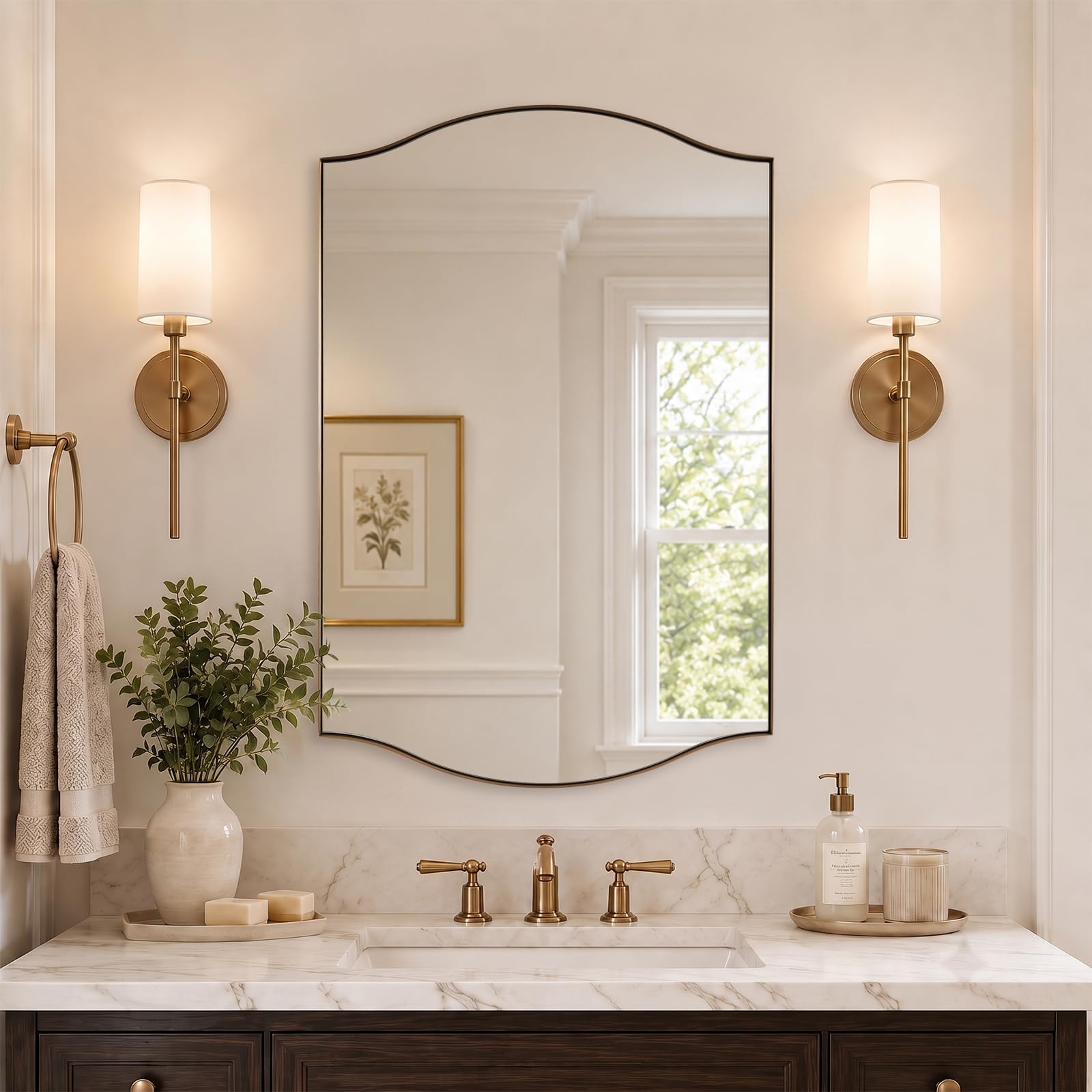 ANDY STAR 24x36 Inch Champagne Bronze Scalloped Mirror for Bathroom
