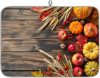Dish Drying Mat, Thanksgiving Autumn Pumpkin Apples Wood Cute Drying Mat Absorbent Reversible Washable Dish Drainer Mats Heat Resistant Dish Drying Pad for Kitchen Counter, 18x24inch,J-858