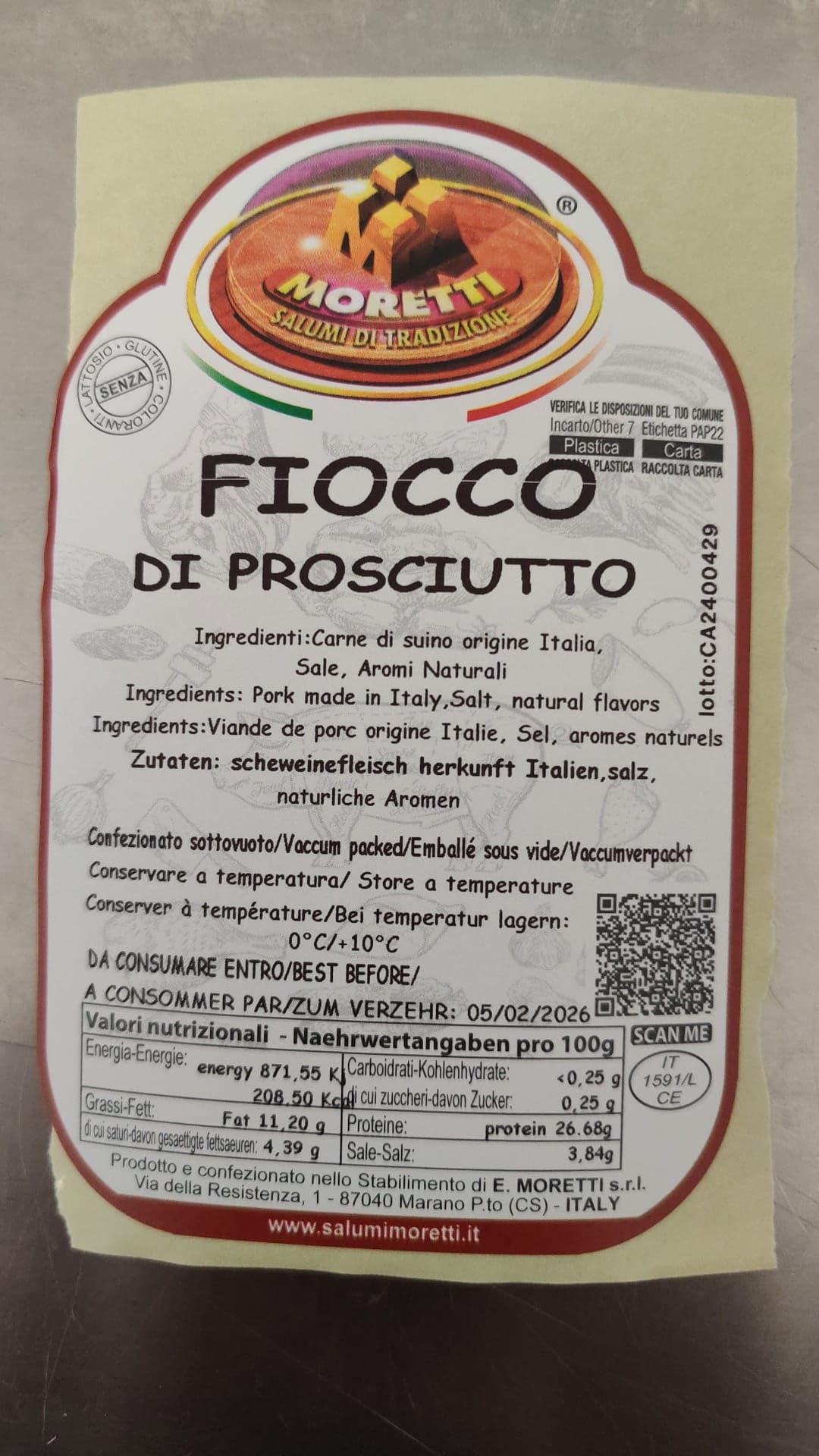 Moretti® Fiocco di Prosciutto Artigianale da 1,7 a 2 Kg sottovuoto Cuore di Prosciutto Crudo Stagionato Gusto delicato