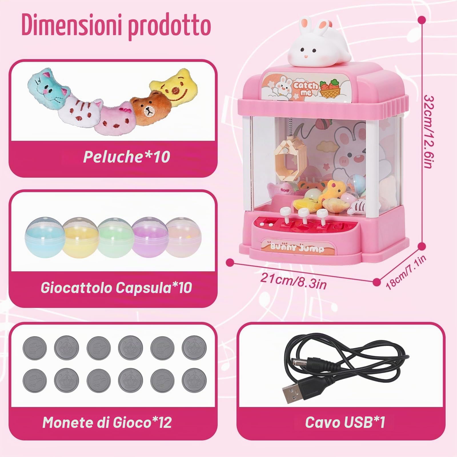Macchina ad Artiglio per Bambini con 10 Giocattoli di Peluche e 10 Gashapons Candy Grabber Macchina Caramelle Mini Distributore per Bambini Giochi Arcade con Musica Regalo per Natale e Compleanno