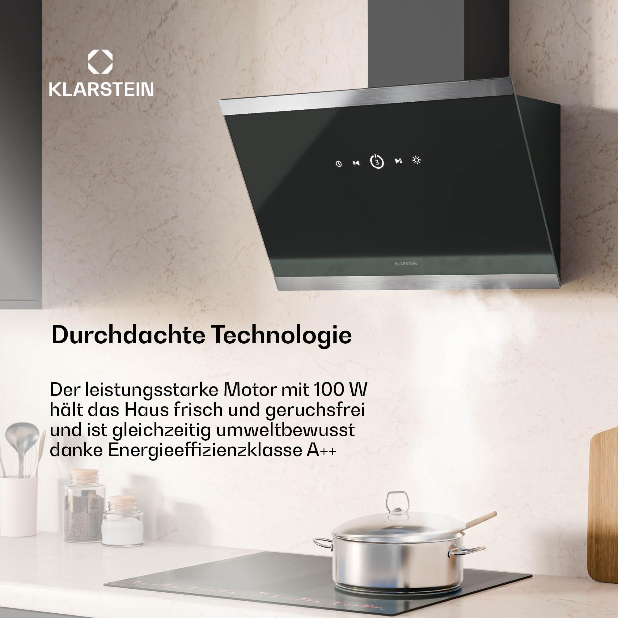 Klarstein FlashLine Dunstabzugshaube 60 cm Kopffreihaube Touchscreen 524 m³/h A++ LED-Beleuchtung leise 34,5 dB Schwarz Abluft Umluftbetrieb