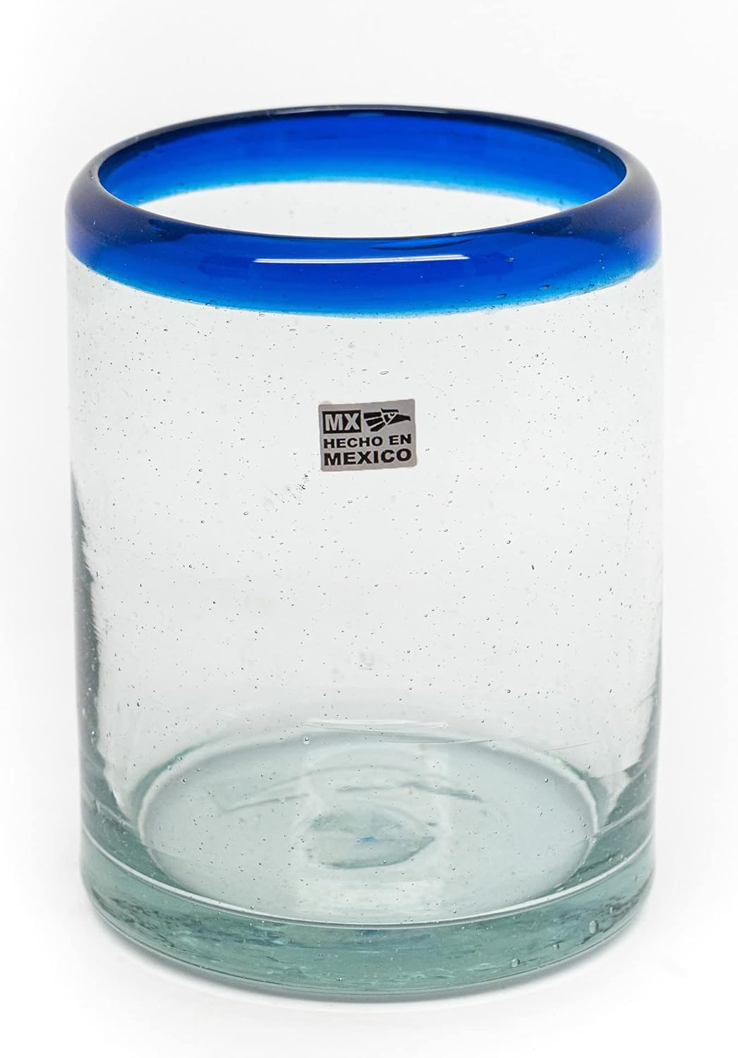 Set of 6 Hand-Blown Tumbler 10 oz Glasses from Mexico with Cobalt Blue Rim - Rustic Handcrafted Recycled