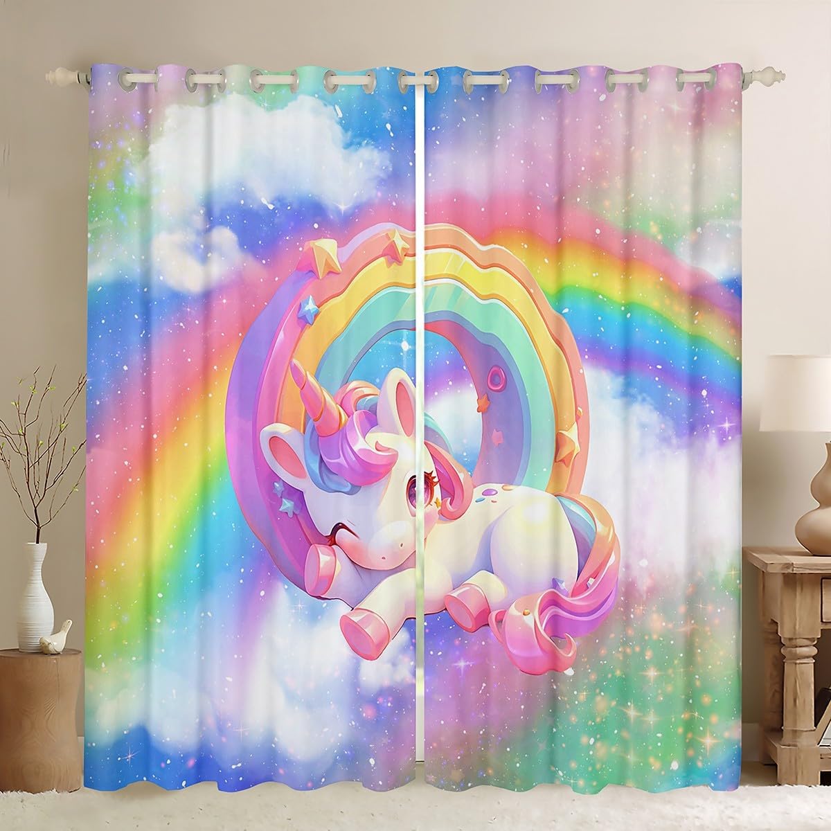 Manfei Cute Unicorn Kids Window Curtains,Glitter Stars Rainbow Clouds Dreamy Window Drapes for Girls Women,Initial Letter R 3D Alphabet Chic Window Treatments Grommet Top 2 Panel Set,38Wx45L inch