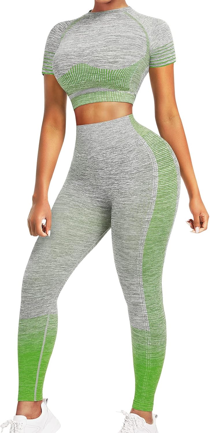 JOYMODE - Conjunto de entrenamiento para mujer diseño de 2 piezas con leggings de tiro alto sin costuras y camiseta corta para yoga