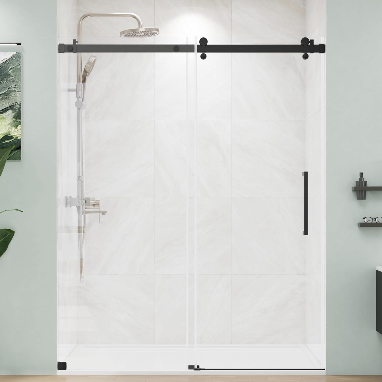 56-60" W x 72" H Frameless Glass Shower Door, Sliding Shower Door with Stainless Steel Hardware and Seal Strips, Matte Black Shower Glass Door can be Installed Left and Right, Square Rail
