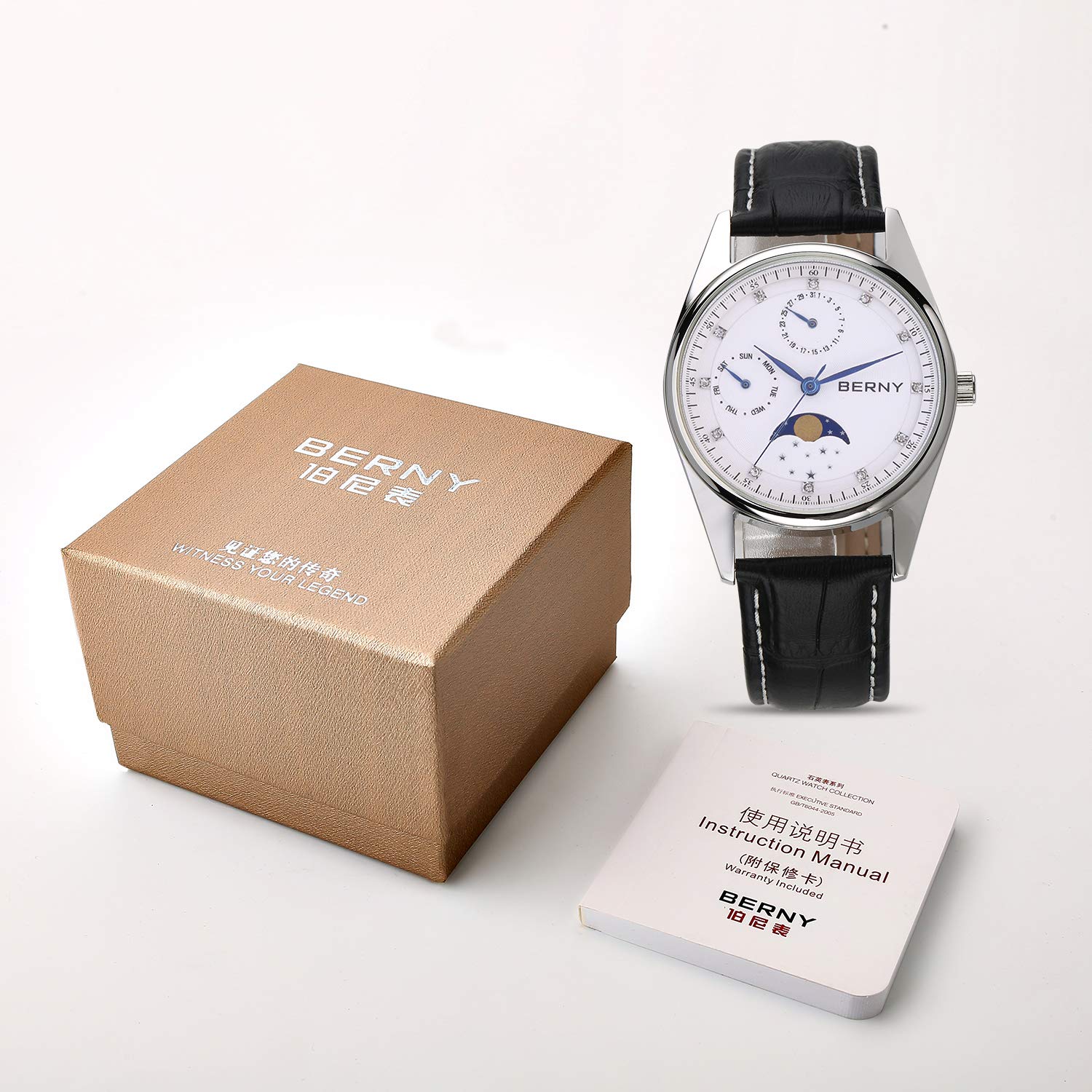 BERNY Relojes Multifunción para Mujer Relojes de Señora Resistentes al Agua con Correa de Cuero Genuino Relojes de Moda Femeninos con Subesfera Calendario y Fase Lunar