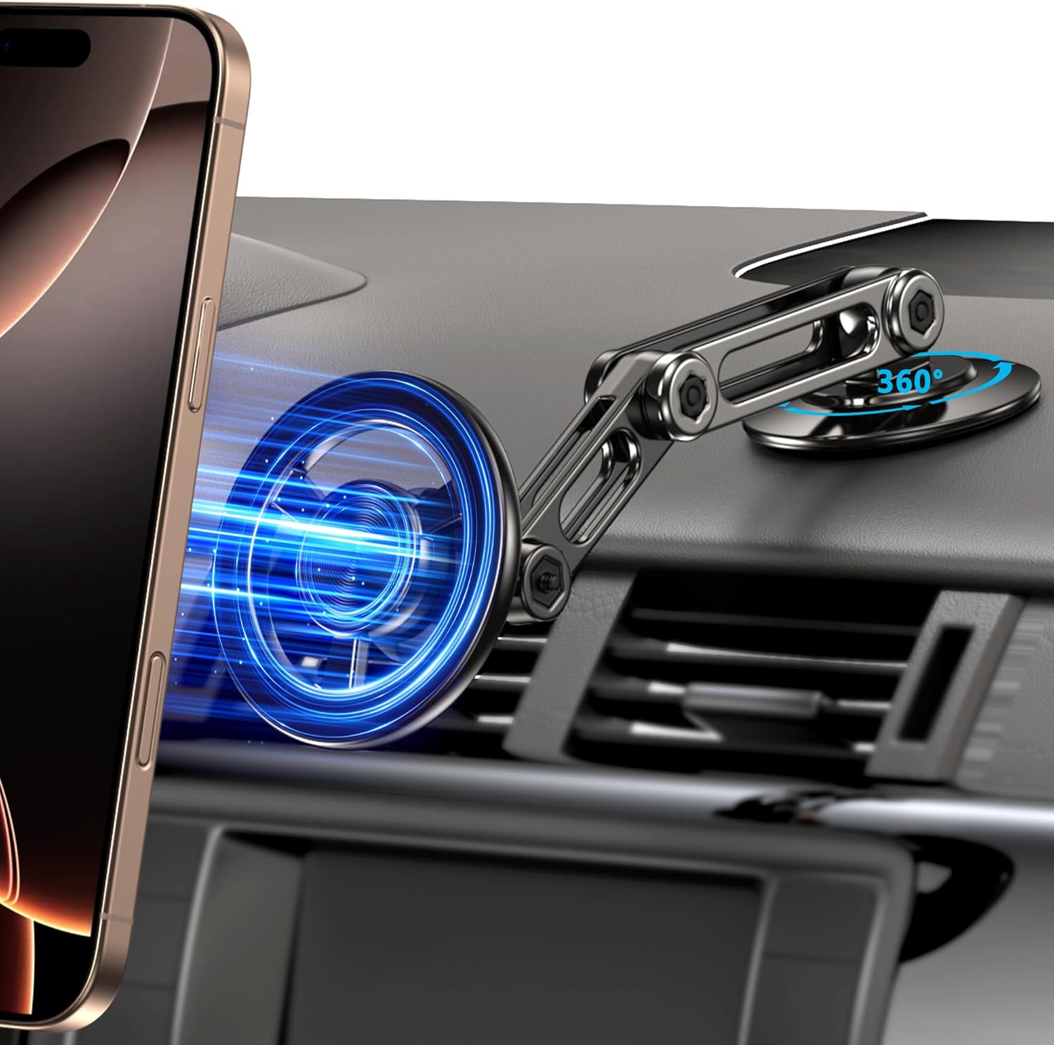 Ultra Magnetic Long-Arm Phone Holder Stand, Fits for MagSafe Car Mount Bracket【Windshield+Vent+Dash】, 360° Rotation Adjustable Strong Magnets Car Mount Desk Office Phone Cradle Holder, Black
