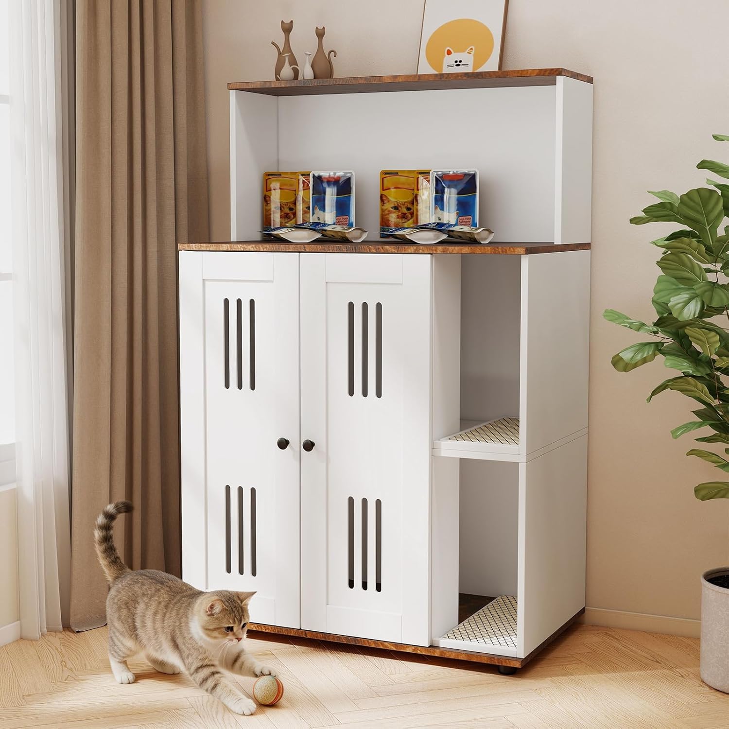 Double Cat Litter Box Enclosure, Cat Litter Box Cabinet with Scratch Mat, Litter Enclosure for 2 Cats, Cats Litter Box Furniture Hidden, Kitty Litterbox Furniture, Fit Most Litter Box, White