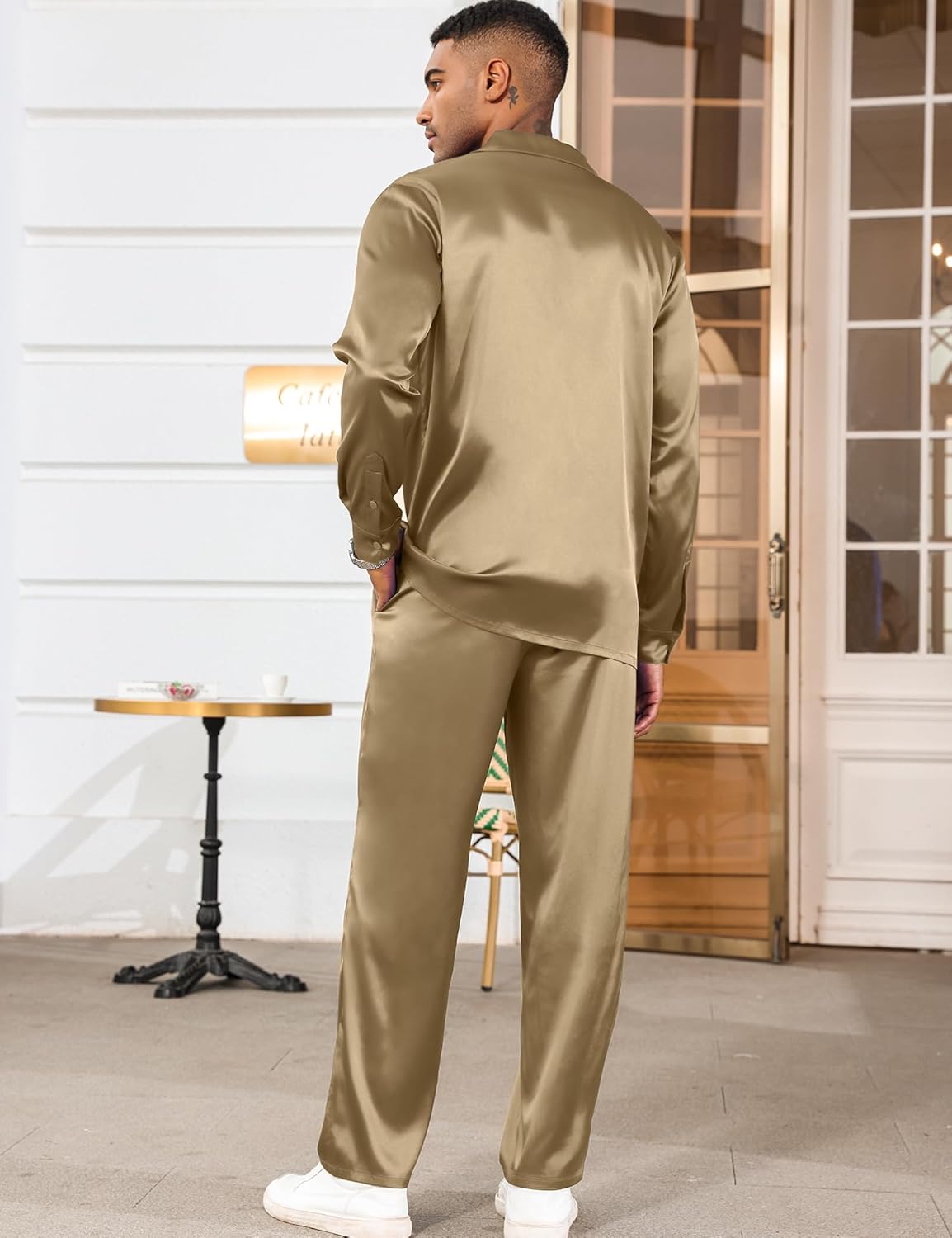 LecGee Men's Satin 2 Piece Outfits Lapel Long Sleeve Button Down Tops Jogger Pants Sets With Pocket Prom Club Party