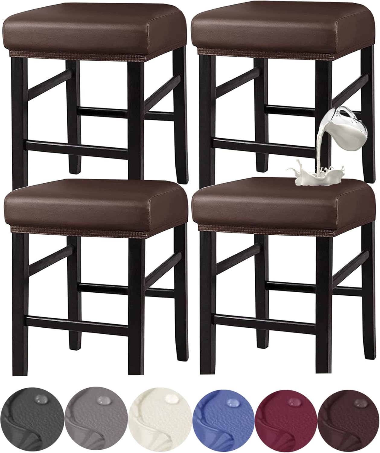 Stool Covers Rectangle, Stretch Waterproof PU Rectangle Bar Stool Covers Vanity Stool Cover Washable Counter Stool Covers Saddle Seat Cover with Elastic Bands (4 Pack,Coffee) Coffee 4