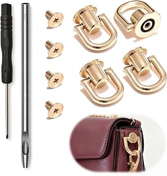 RJLCTH 4 Pcs Gold D Rings for Purse, Rotatable Stud Rivets Screws