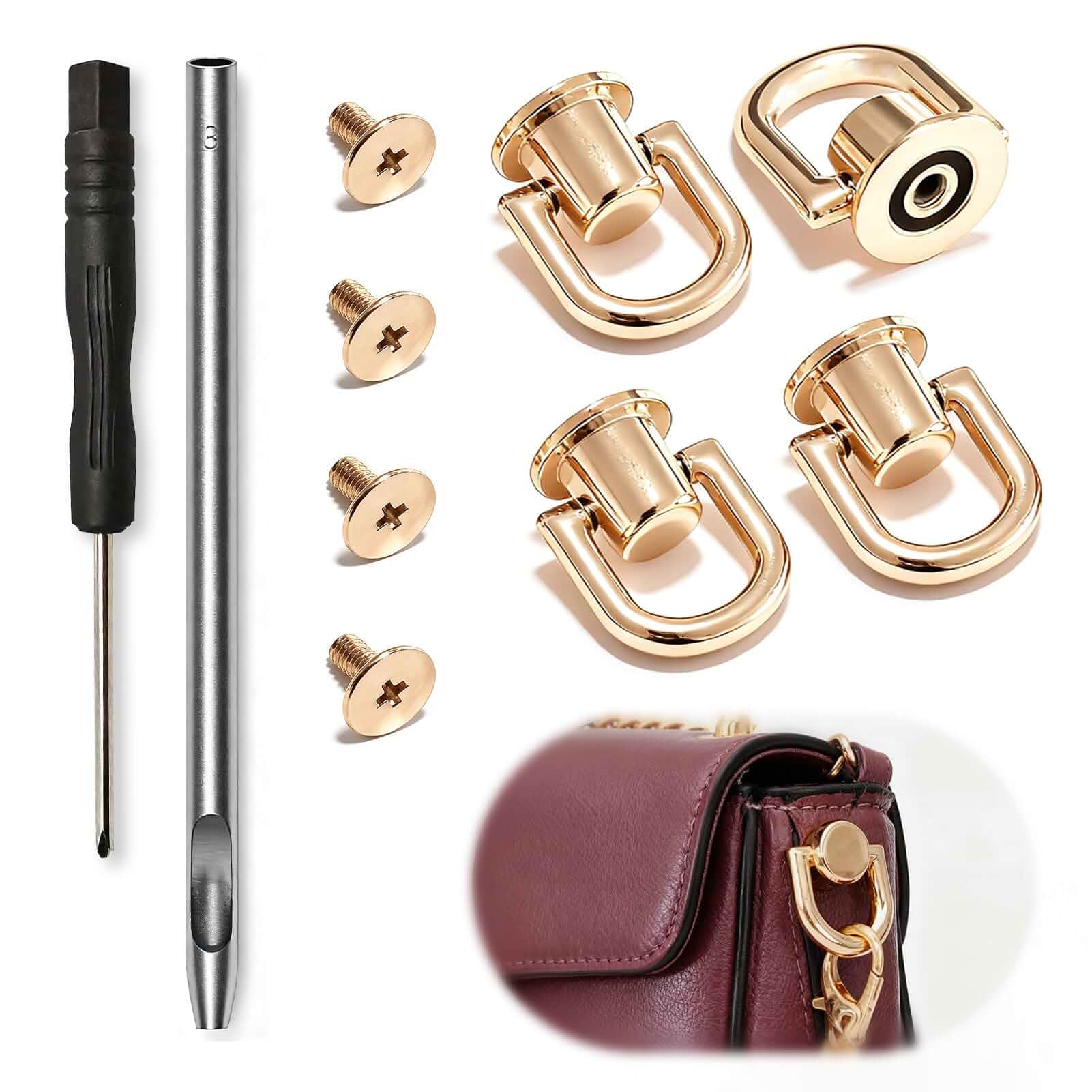 RJLCTH4 Pcs Gold D Rings for Purse, Rotatable Stud Rivets Screws Rotatable metal D ring hardware for purse straps, tote bags, leather crafts, DIY bag making, with screwdriver and punch tool