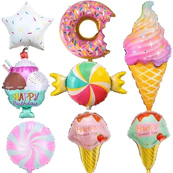 Foil Balloons Ice Cream Pack of 8 Party Balloons Ice Doughnut Sweets Balloons Candy Lollipop Colourful Foil Balloons Sweets for Birthday Summer Party Decoration Children's Gift
