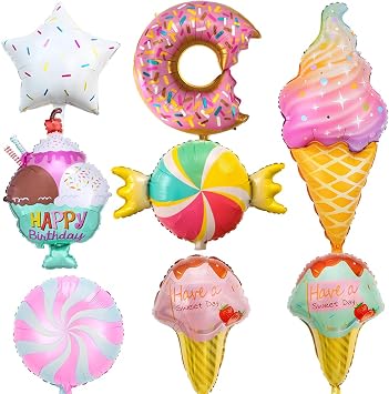 Foil Balloons Ice Cream Pack of 8 Party Balloons Ice Doughnut Sweets Balloons Candy Lollipop Colourful Foil Balloons Sweets for Birthday Summer Party Decoration Children's Gift