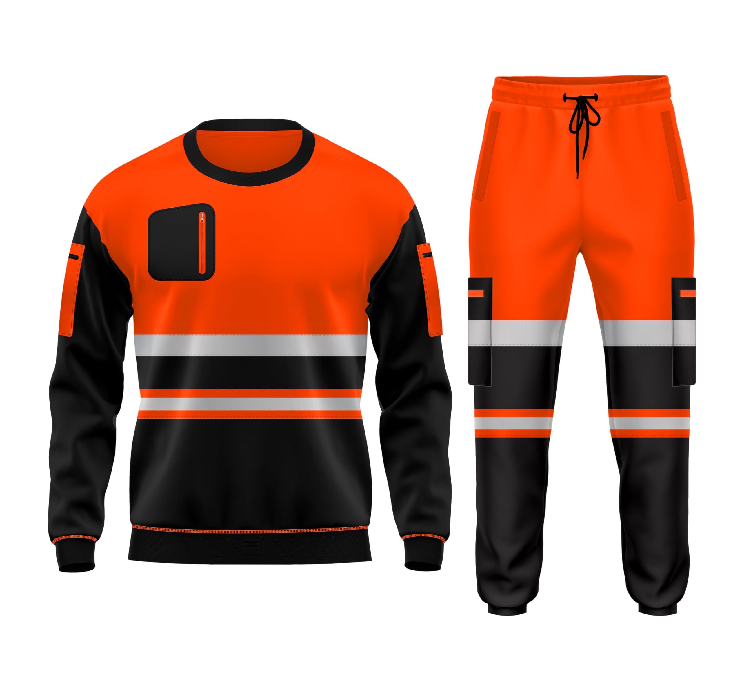 Set tuta da lavoro in pile ad alta visibilità, orlo aperto, pantaloni con risvolto, tasche con coulisse, felpa a maniche lunghe, set di pantaloni e top di sicurezza, Arancione e nero., XXL