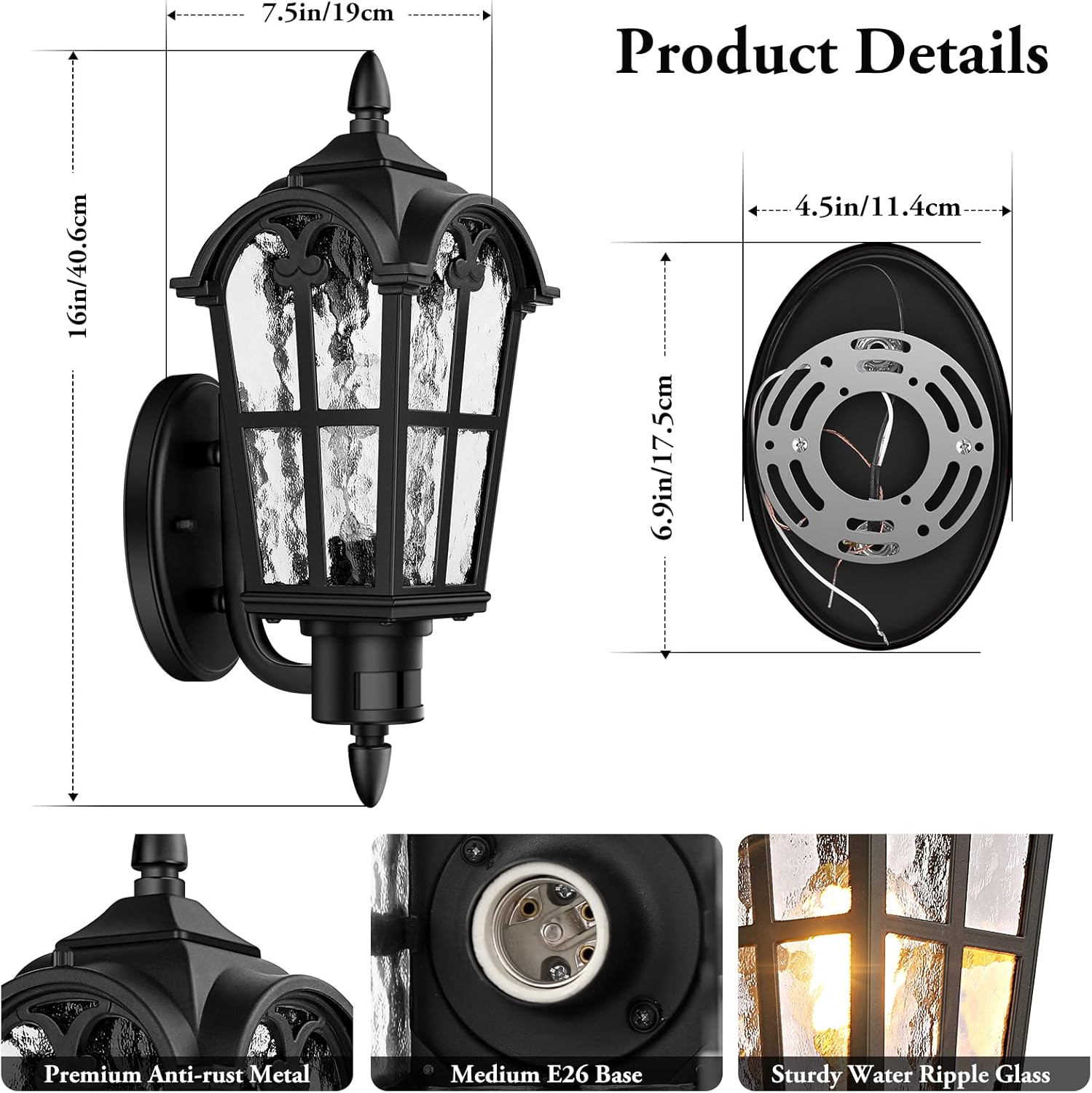 16in 2-Pack Large Motion Sensor Outdoor Wall Lights, Dusk to Dawn Porch Lights Wall Mount, Vintage Exterior Light Fixtures Sconces Lighting, Black Wall Lanterns Outside Lights for House Front Door