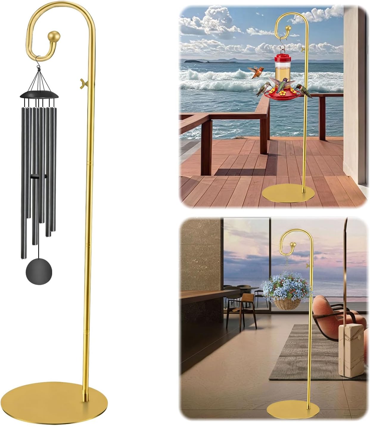 Shepherds Hooks for Outdoor, 74" Tall Freestanding Bird Feeder Stand & Wind Chime Hanger, Heavy-Duty Rust Resistant Iron Pole with Flat Base for Hanging Plant Stand, Wreath, Lanterns (Gold)