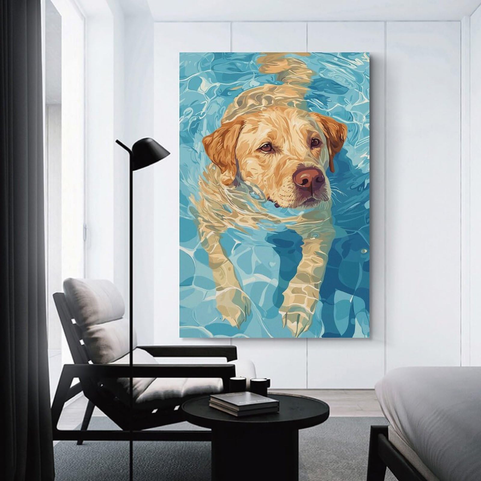Junmoney Golden Retriever Swimming in Blue Water Home Decor Wall Art, 24x36inch(60x90cm), for New Homes, Bedrooms Or Workspaces, Gift Idea for Housewarming And Birthdays