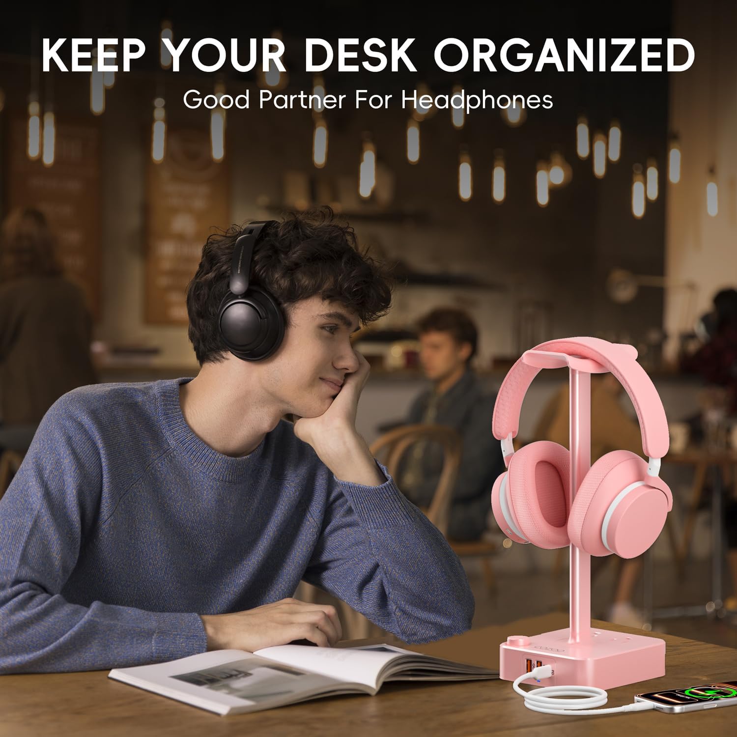 Pink Headphone Stand with USB Charger, Gaming Headset Holder with 3 USB Ports & 2 AC Outlets, PD Fast Charging & QC3.0, Desk Organizer for Girls, Gifts for Her,Girlfriend,Teen, Pink Gaming Accessories - Image 8