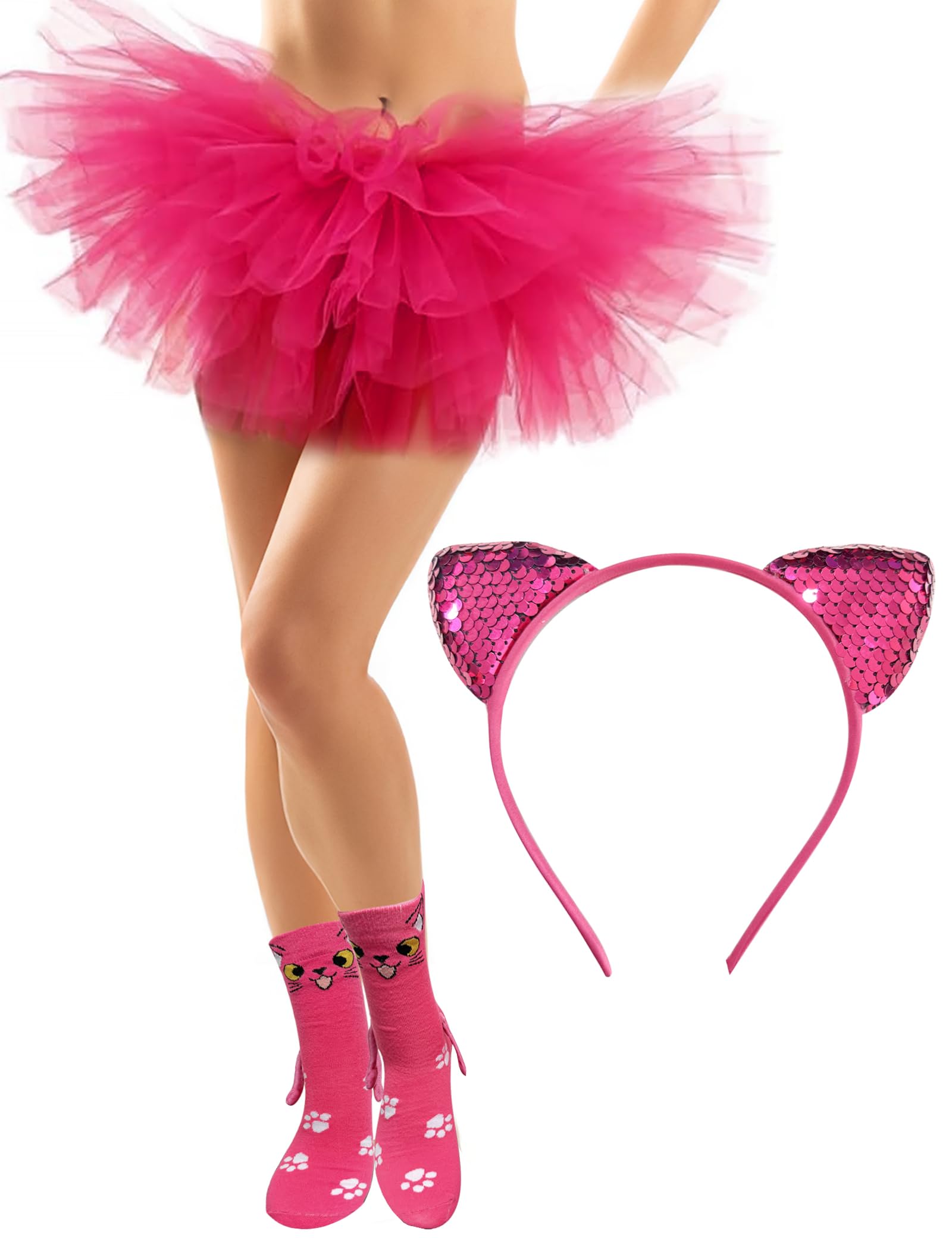 NSODREEM Cat Costume Women Set with Glitter Headbands 5 Layered Adult Tutus Cute Halloween Costume Cat Headband Heart Glas...