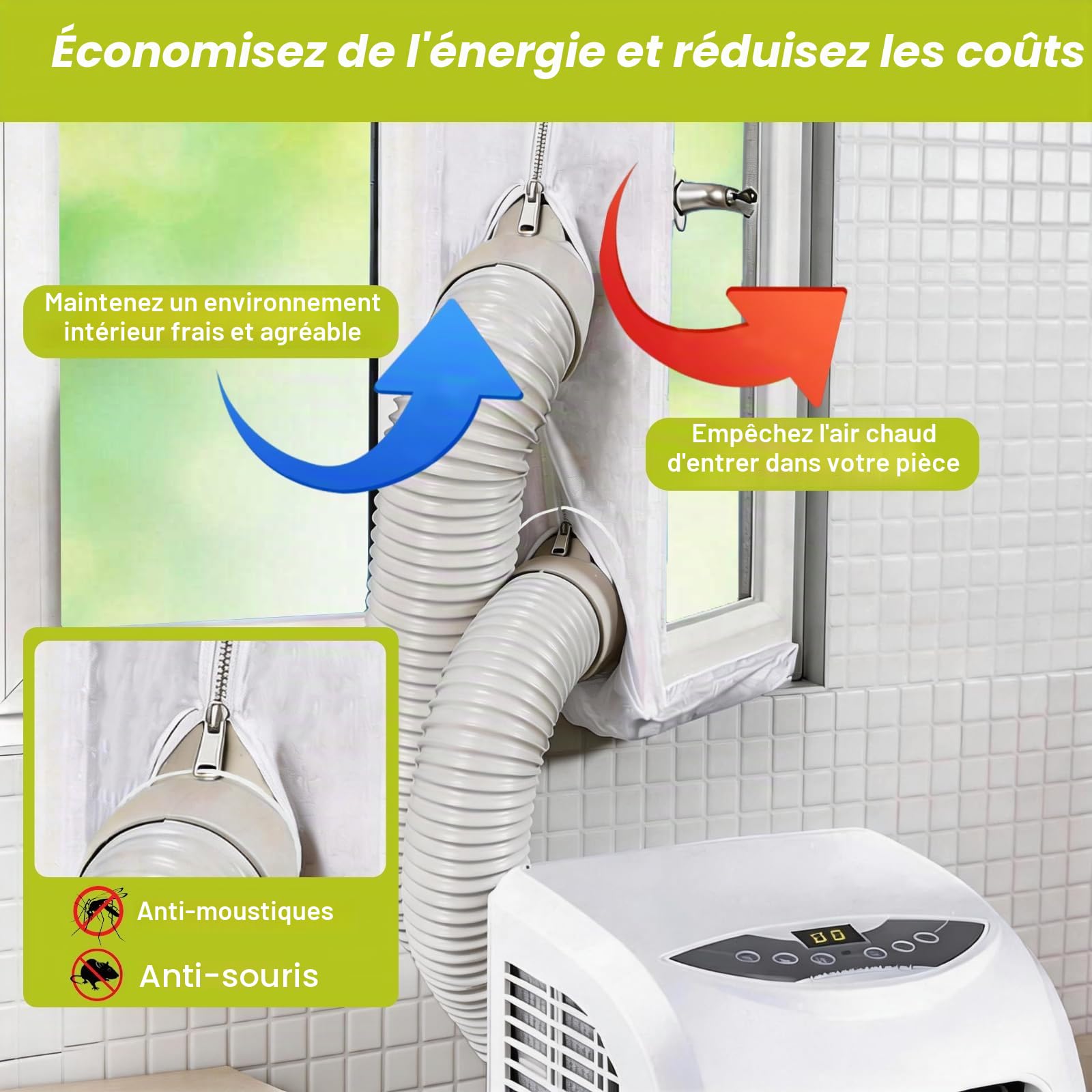 Kit de joint de fenêtre pour climatiseur 3m, Kit de joint de fenêtre pour climatiseur avec double zip et attache adhésive pour fenêtre de climatiseur portable, compatible avec sèche-linge, pour