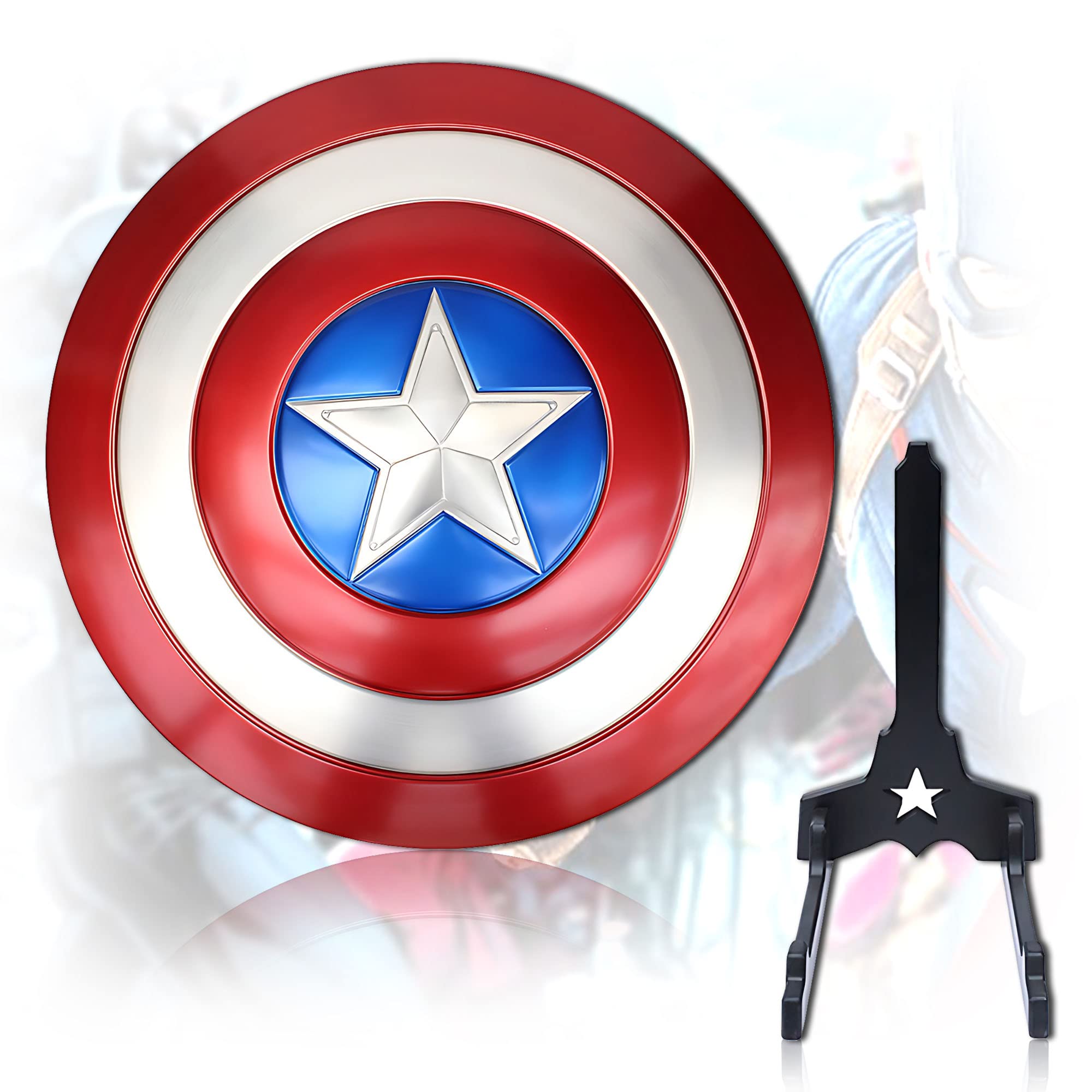 Swords and more Comic Schild – Premium Film Repliken 1:1 Volle Größe America Schild Metal mit Ausstellungsständer für Captain Kostüm & Rollenspiel