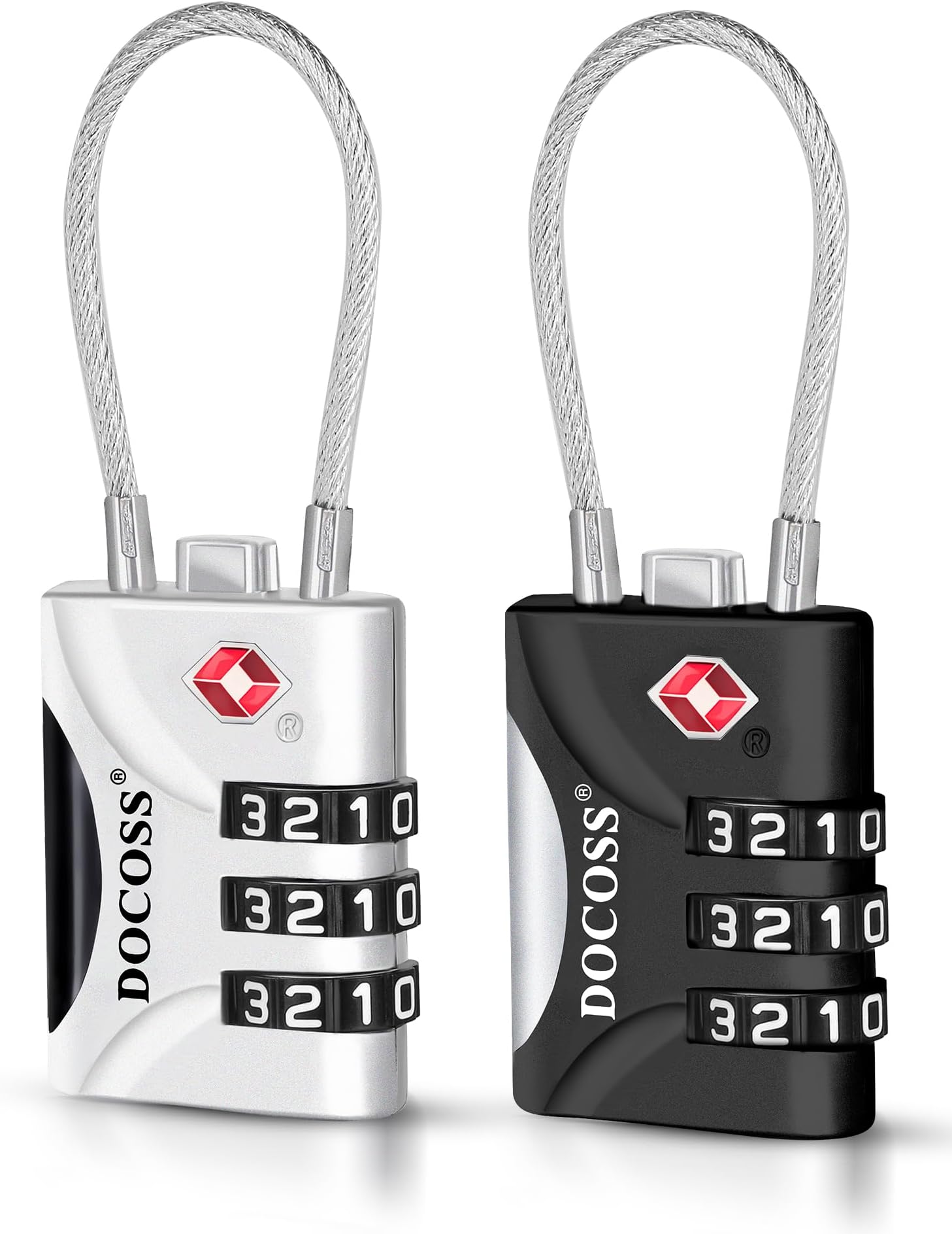 DOCOSS-Set of 2- Metal Cable TSA Locks for Luggage, Number Lock for Bag 4 Digit Small Locks for Luggage TSA Lock Combination Password Locks for Travel (Black,Silver)