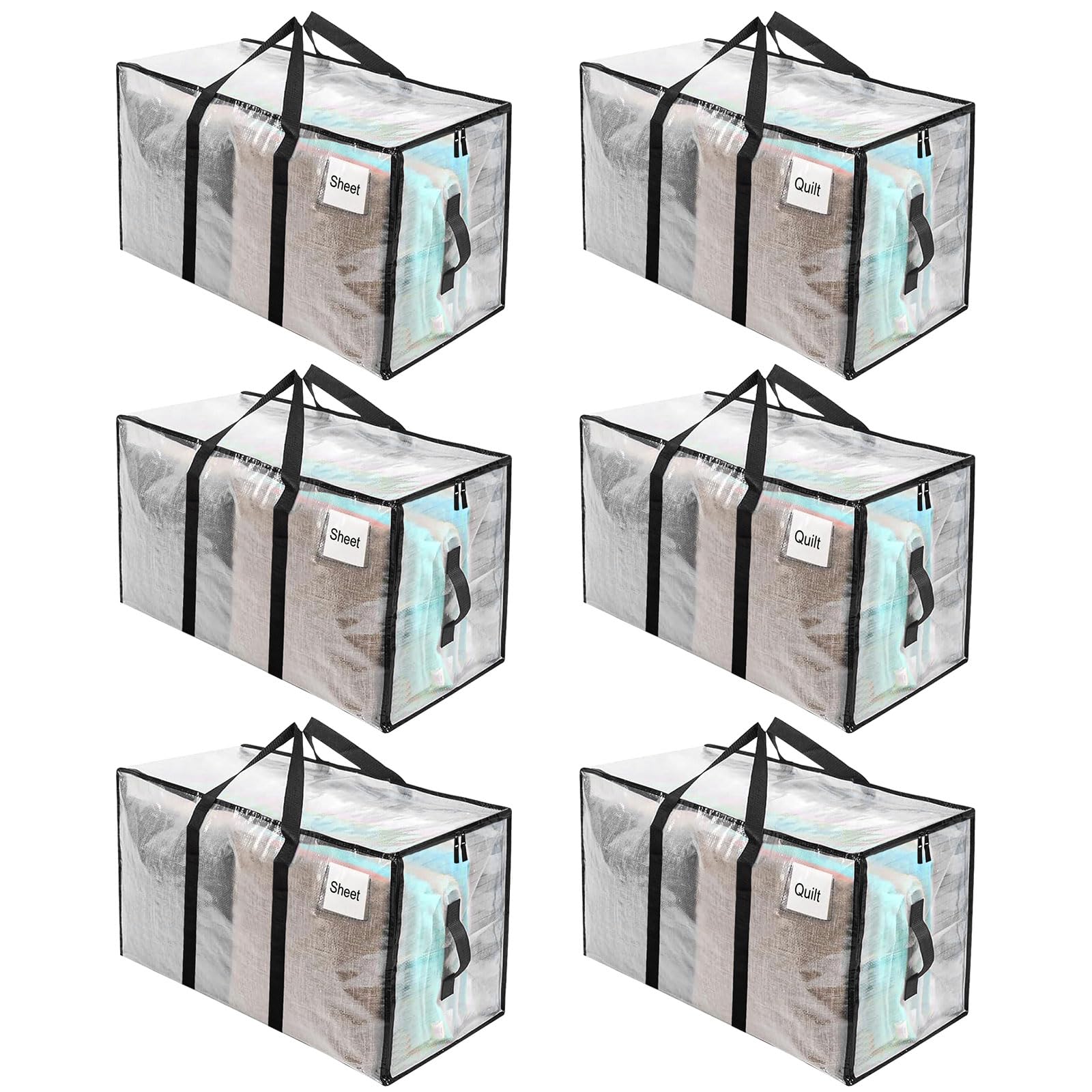 RICHIE Clear Heavy Duty Extra Large Moving Bags with Reinforced Handle and Double Zipper - Waterproof Storage Box with Tag Window - for Christmas Decorations, Moving & Travel, 90L (Clear, 6 Packs)