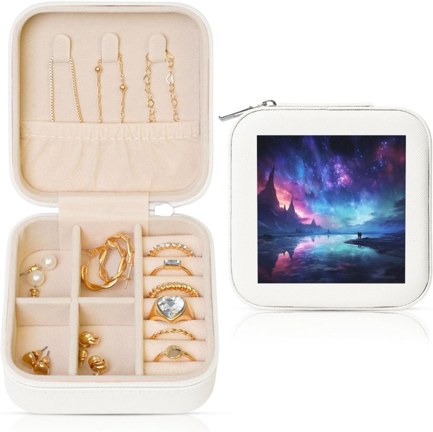 Jewelry Box for Women PU Leather Small Jewelry Organizer Box with Zipper Mini Travel Case Northern Lights Display Storage Holder Boxes for Earrings Rings Necklaces Bracelets