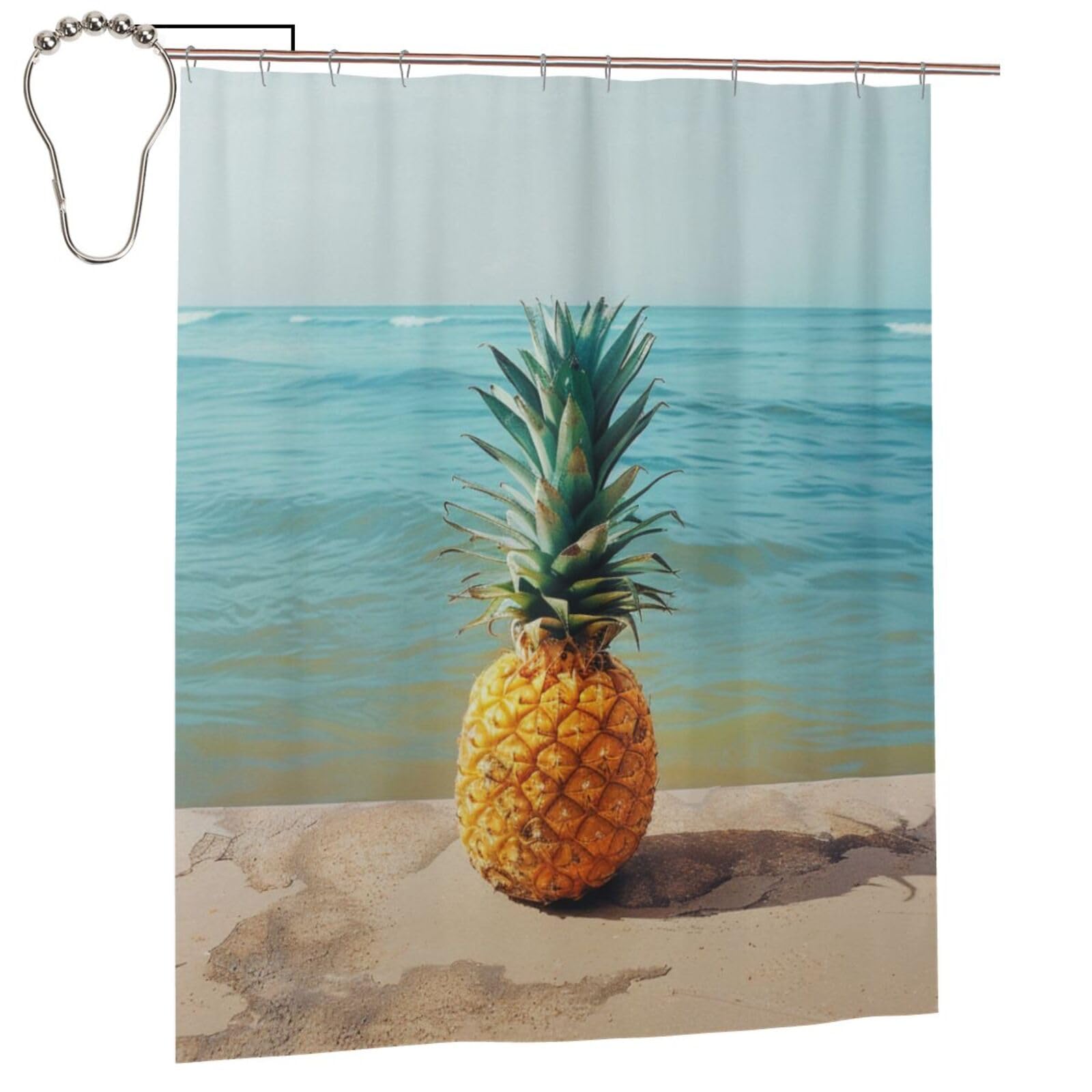 BWWHCCTI Pineapple by The Sea Printed Shower Curtain With 12 Iron Hooks Opaque Quick Drying Waterproof Shower Curtains Sets For Bathroom 152x183 Cm