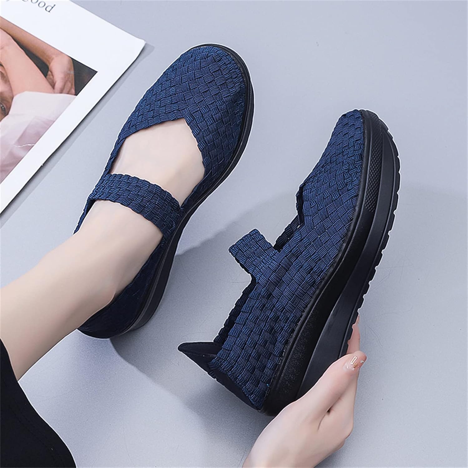 Touchmosees Women's Platform Wedge Sandals Woven Pumps Mary Jane Shoes Comfortable Walking Shoes