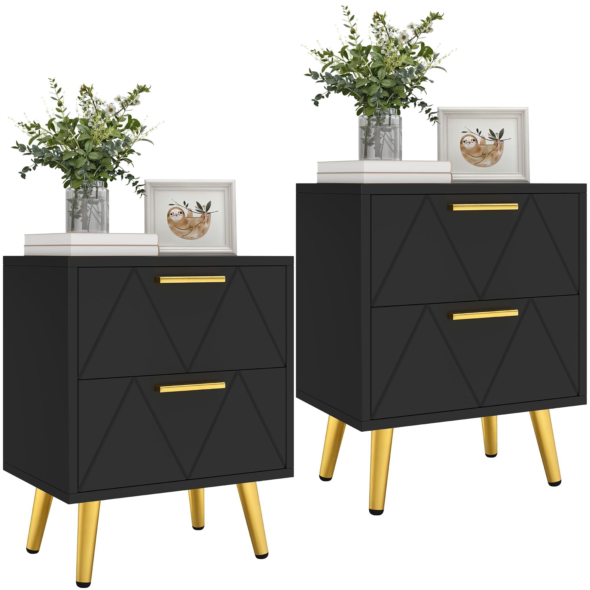YITAHOME Set di 2 comodini con 2 cassetti, piccolo comodino con contenitore, comodino per soggiorno, camera da letto, ufficio, nero e oro, 40 x 30 x 52 cm, nero e oro
