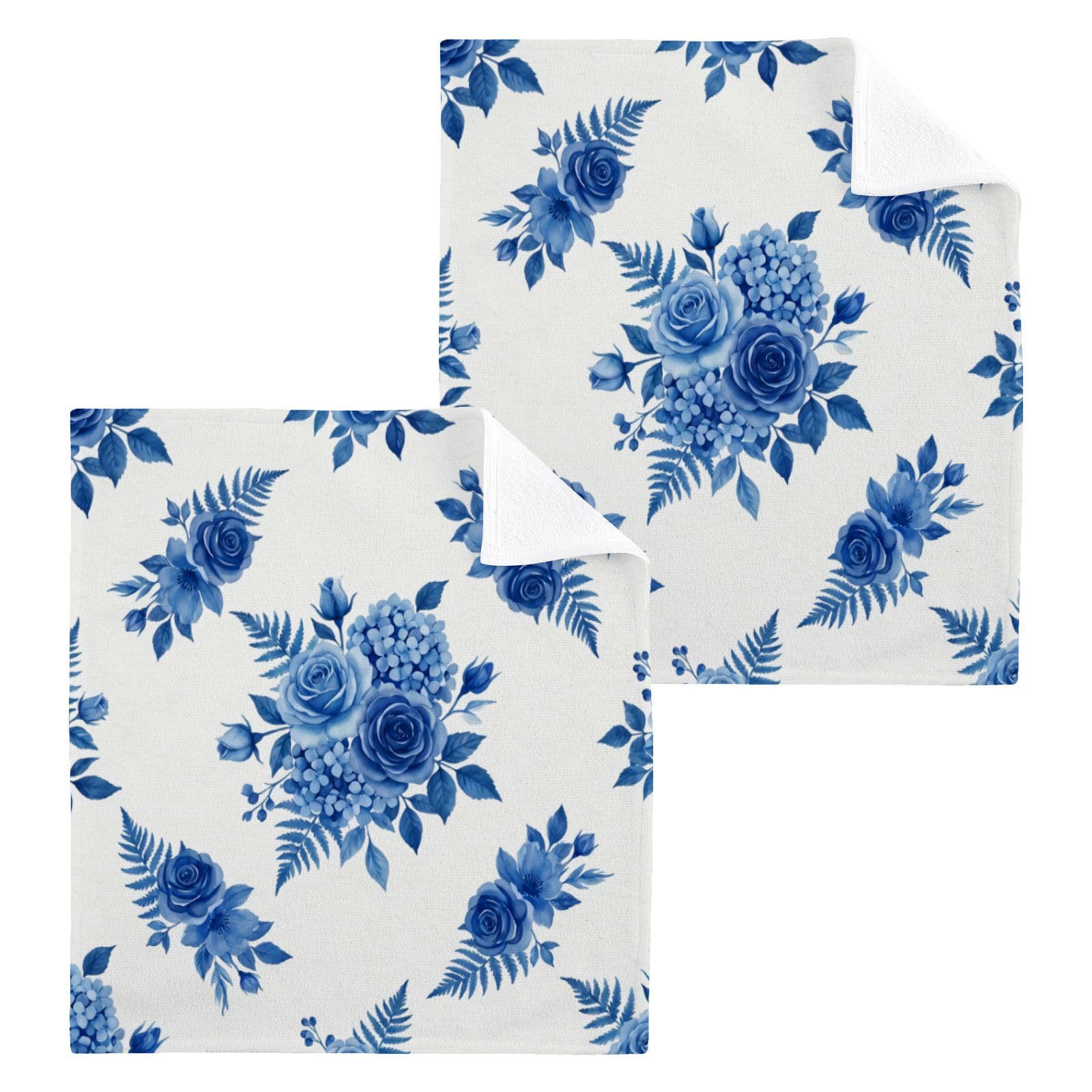 BOESI Monochrome Blue Rose 12x12in Cotton Washcloth,Face Towel