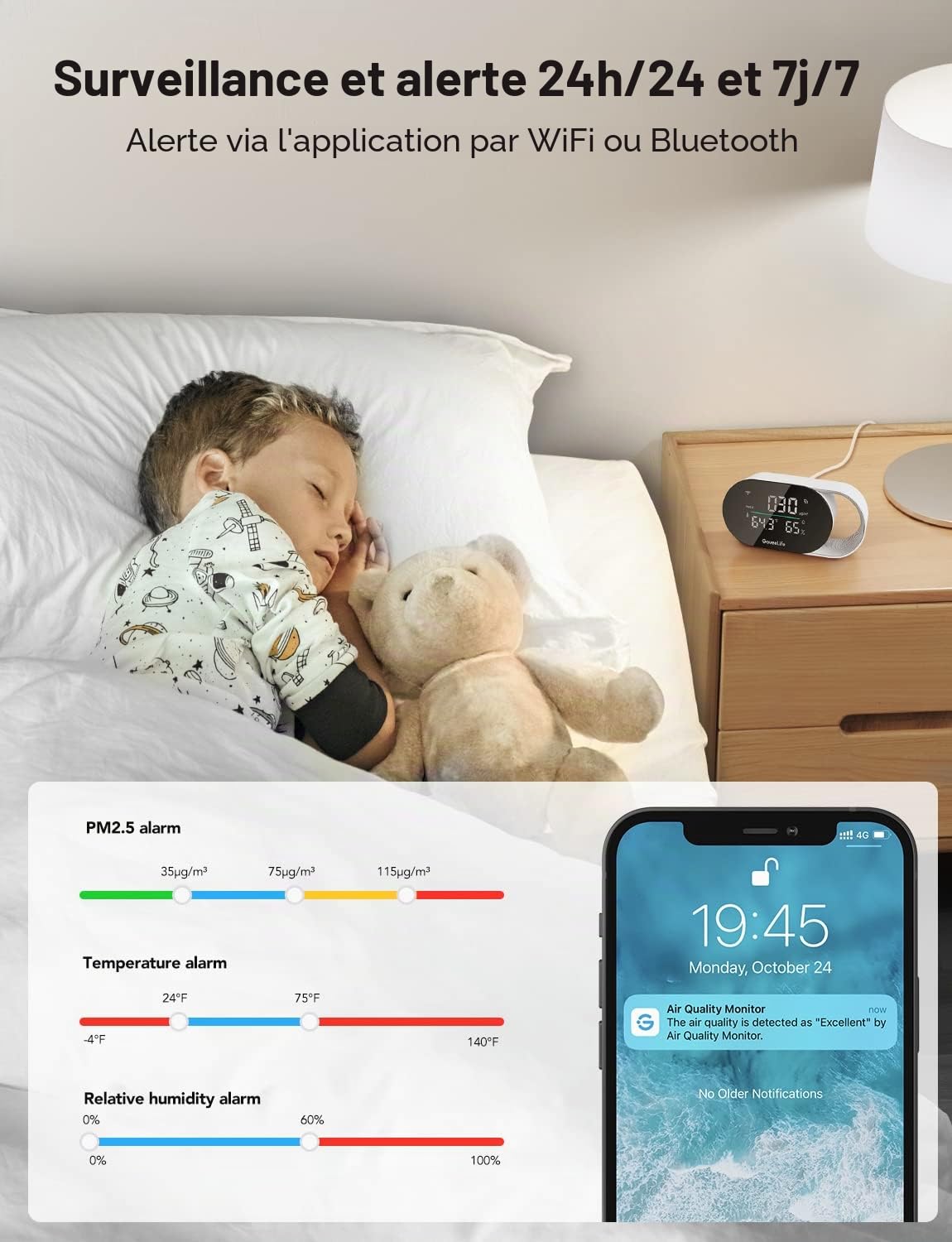 GoveeLife Moniteur intelligent de qualité de l'air avec PM2.5, WiFi, capteurs de température et d'humidité, affichage LED, rafraîchissement 2 s, stockage de données de 2 ans, pour la maison et le