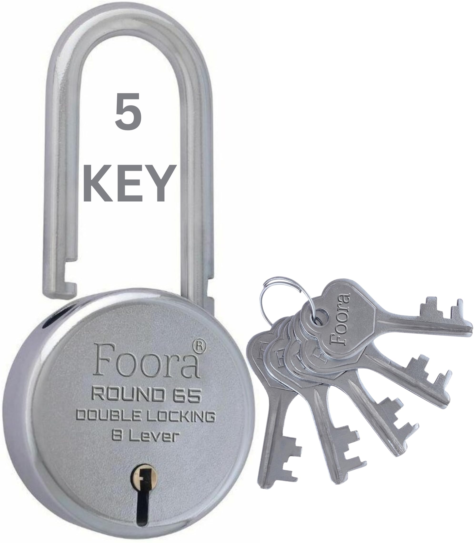 Foora Round 75mm Big Lock | Metal Body | Double Locking | 10 Steel Lever | 5 Silver Keys with Keychain | Silver Finsih | Made in India | Export in USA | Canada — Amazon image 6