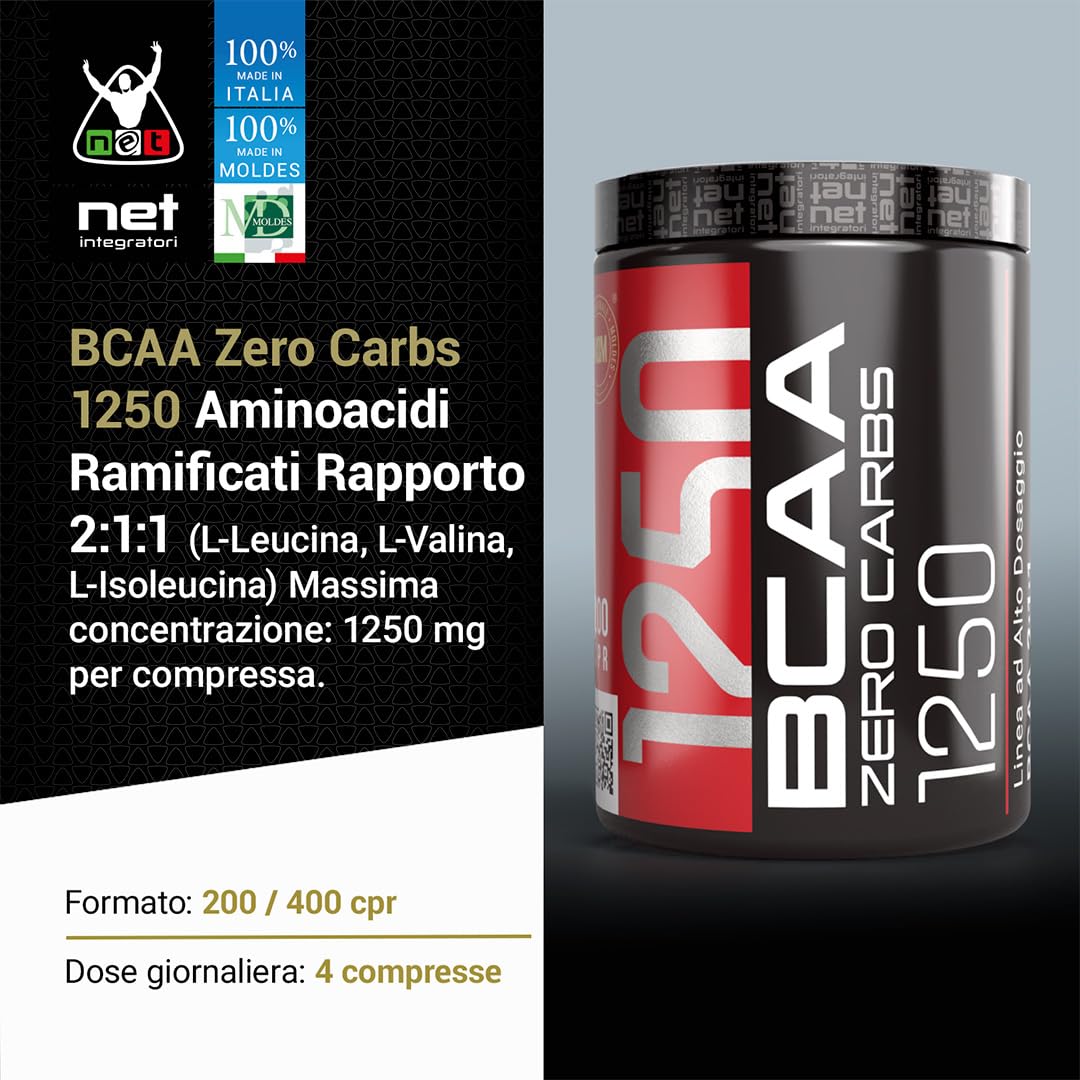 Net Integratori BCAA Zero Carbs 1250 – Aminoacidi Ramificati in rapporto 2:1:1 con Vitamina B6 per il Recupero Muscolare Pre Intra e Post Workout (400 compresse)