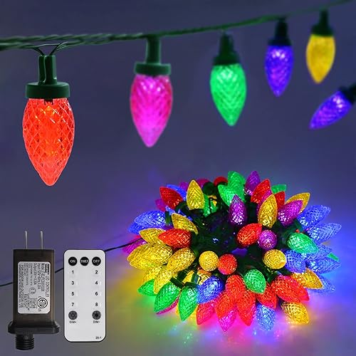 ZAIYW Cadena de luces LED C9 de 66 pies, 100 luces LED de Navidad, tira de luces de fresa con enchufe UL, cable verde, impermeable, para aleros de