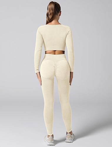 Miniatura 2 de ABOCIW Conjuntos de entrenamiento para mujer, sin costuras, acanalado, cuello corazón, manga larga, parte superior fruncida en los glúteos,