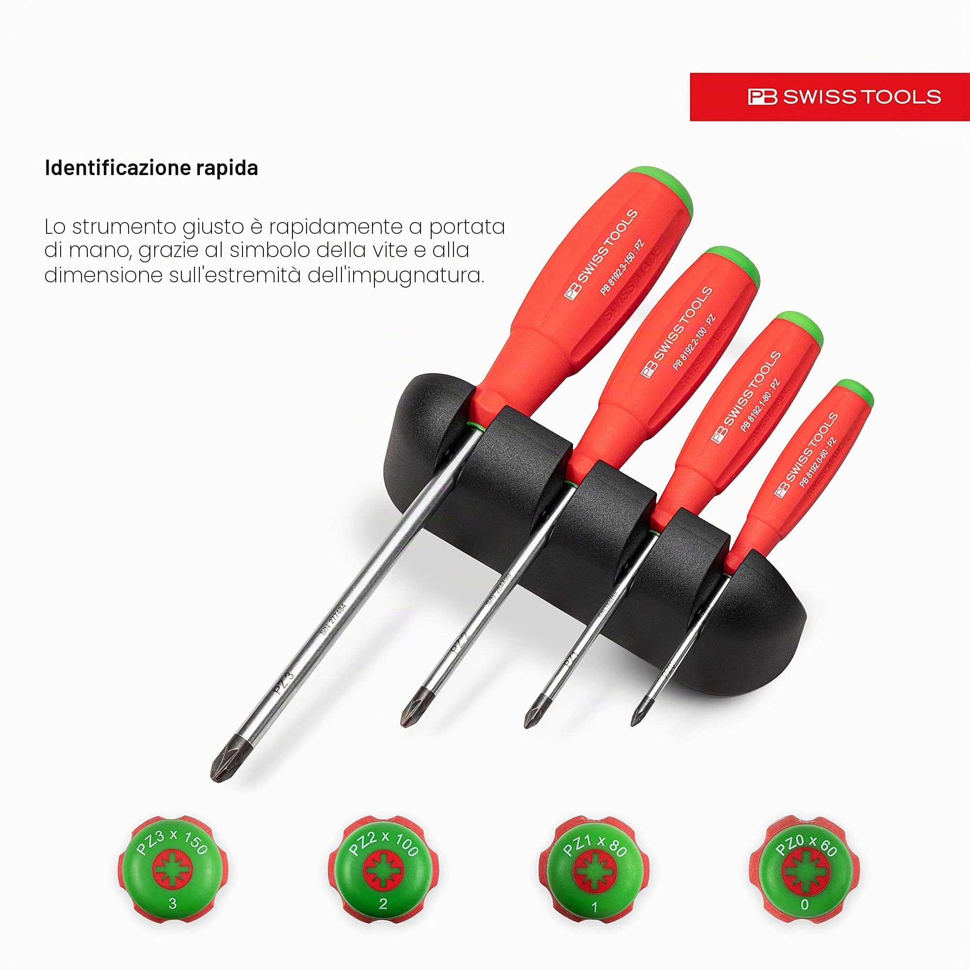 PB Swiss Tools Pozidriv PB 8243 - Set di cacciaviti a croce, 100% prodotto in Svizzera, 4 pezzi, set di cacciaviti SwissGrip (PZ0/PZ1/PZ2/PZ3) con supporto a parete (4 pezzi, rosso/verde)
