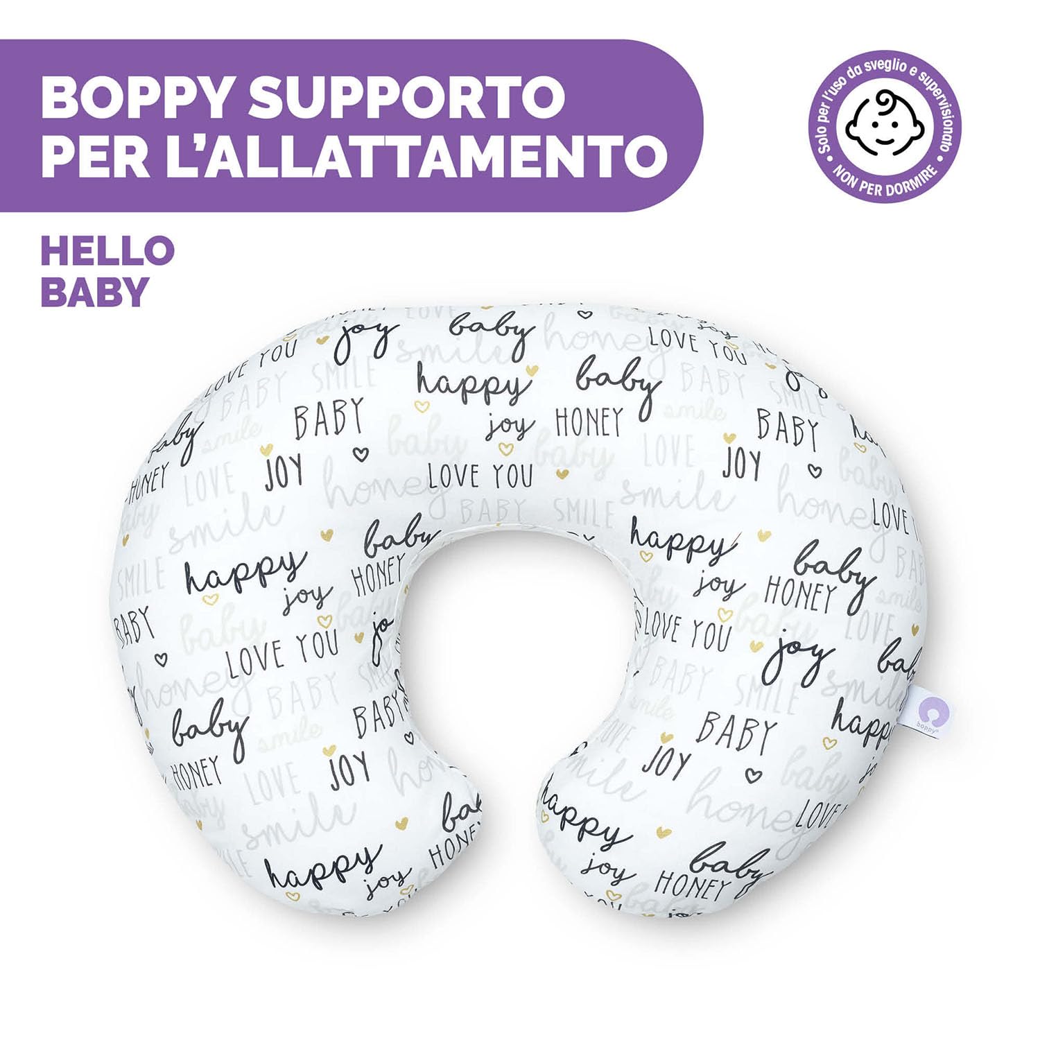 Boppy Cuscino Allattamento per Neonati 0+ Mesi, Forma Ergonomica con Supporto per Mamma e Bambino, Supporto Neonato per Allattamento al Seno e col Biberon, Lavabile in Lavatrice, Fantasia Hello Baby