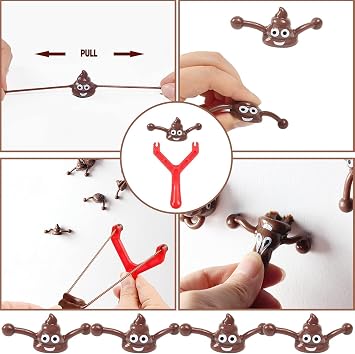 Funny Poo Slingshots Set with 15 Poo & 5 Color Slingshot, Fake Poo Finger Shooting pranks for Kids, Emoji Poop Squishy for Kids Birthday Joke Prank Gift Party Bag Fillers Christmas Stocking Fillers