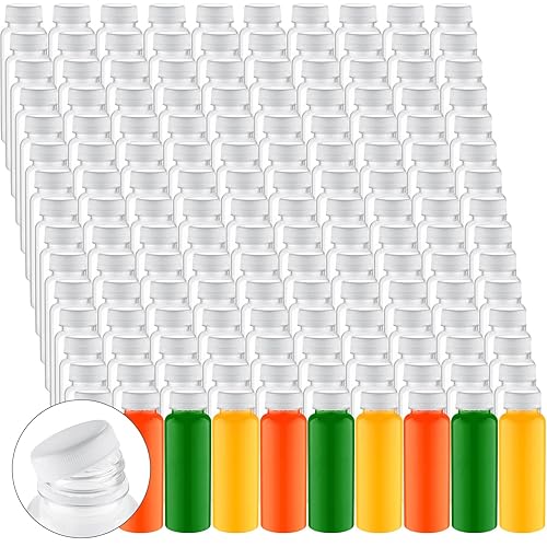 Paquete de 200 botellas de plástico para jugos con tapas, recipientes transparentes reutilizables para bebidas con tapas, botellas vacías de PET a