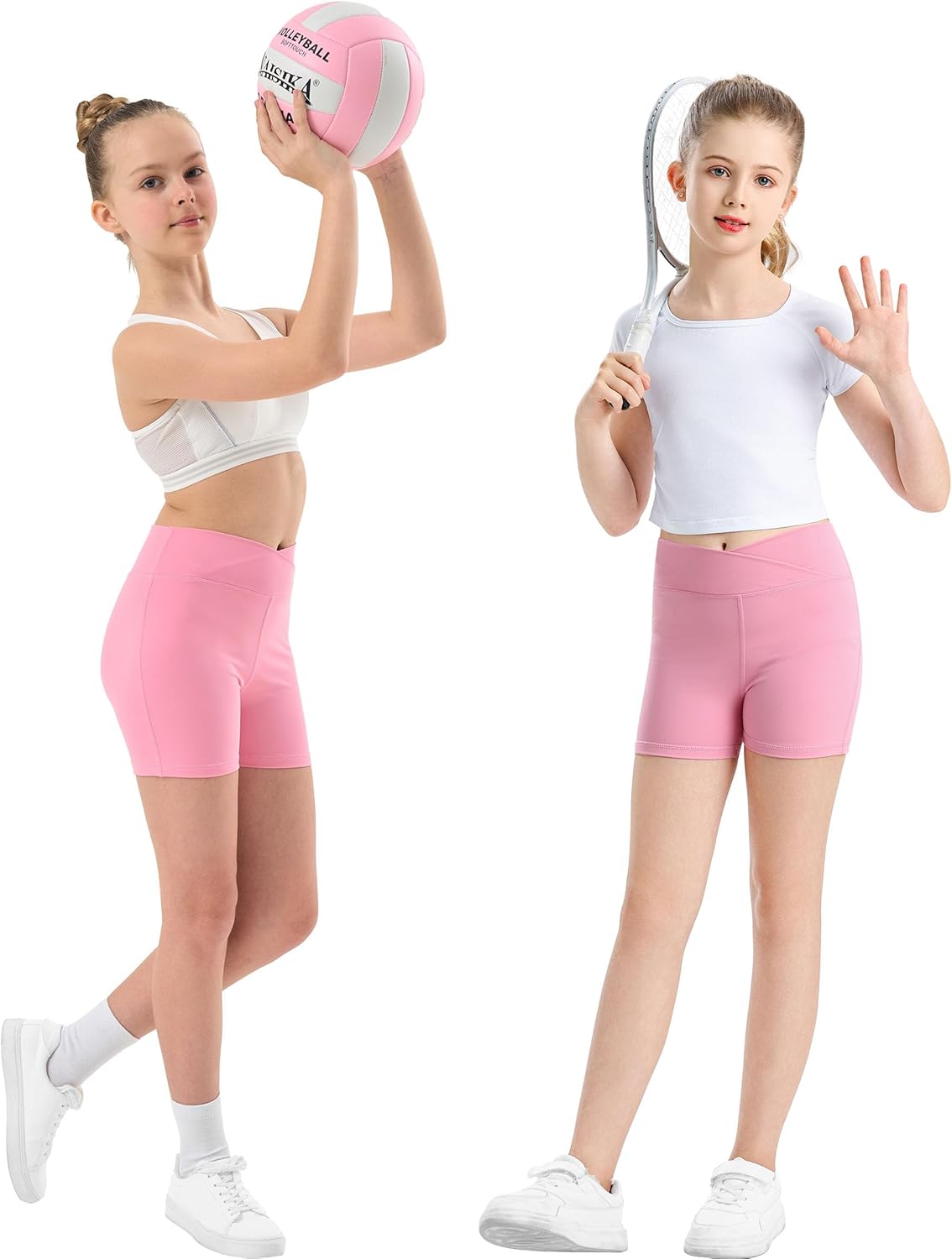 Girls V Cross Waist Athletic Shorts, Kids Soft Bike Volleyball Yoga Dance Running Cheer Gymnastics Gym Workout Shorts - Image 2