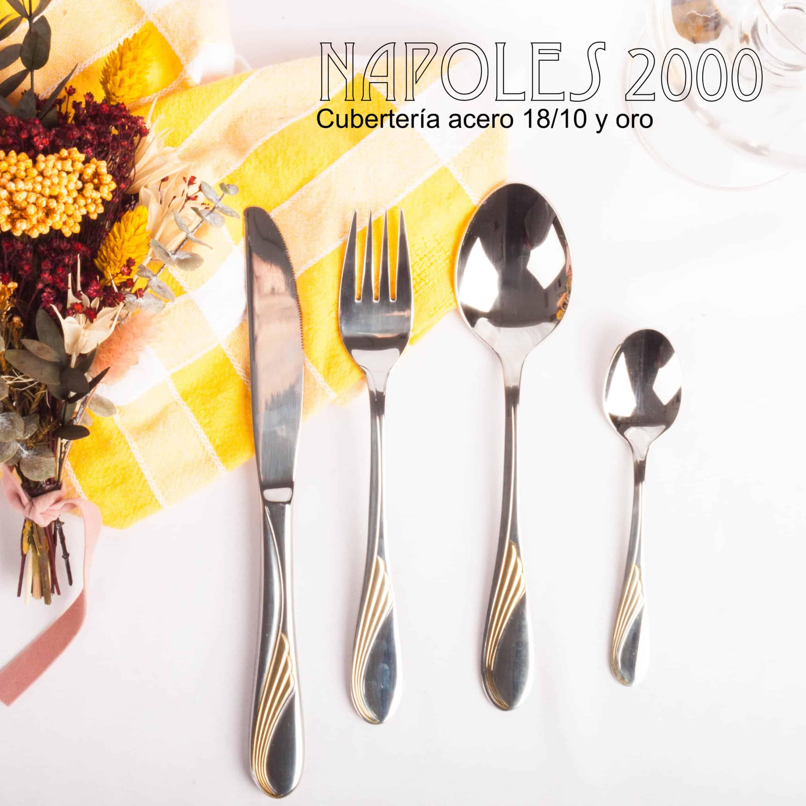 Juego de cubiertos en acero inoxidable 18/10 pulidos y decorados en oro (24 piezas) Nápoles, 6 cucharas, 6 tenedores, 6 cuchillos, 6 cucharas de postre