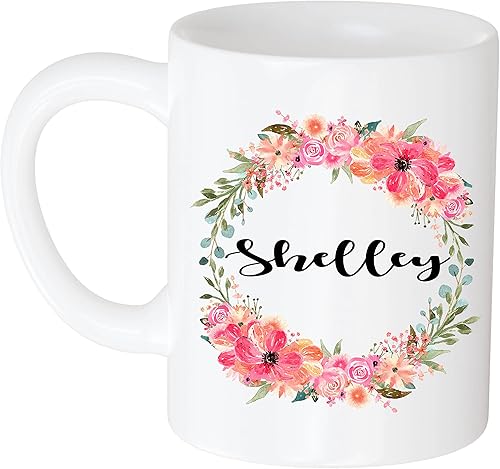 Taza de café personalizada  Regalo para mujeres, nombre personalizado Shelley Flower and Name 11oz White Mug 758527