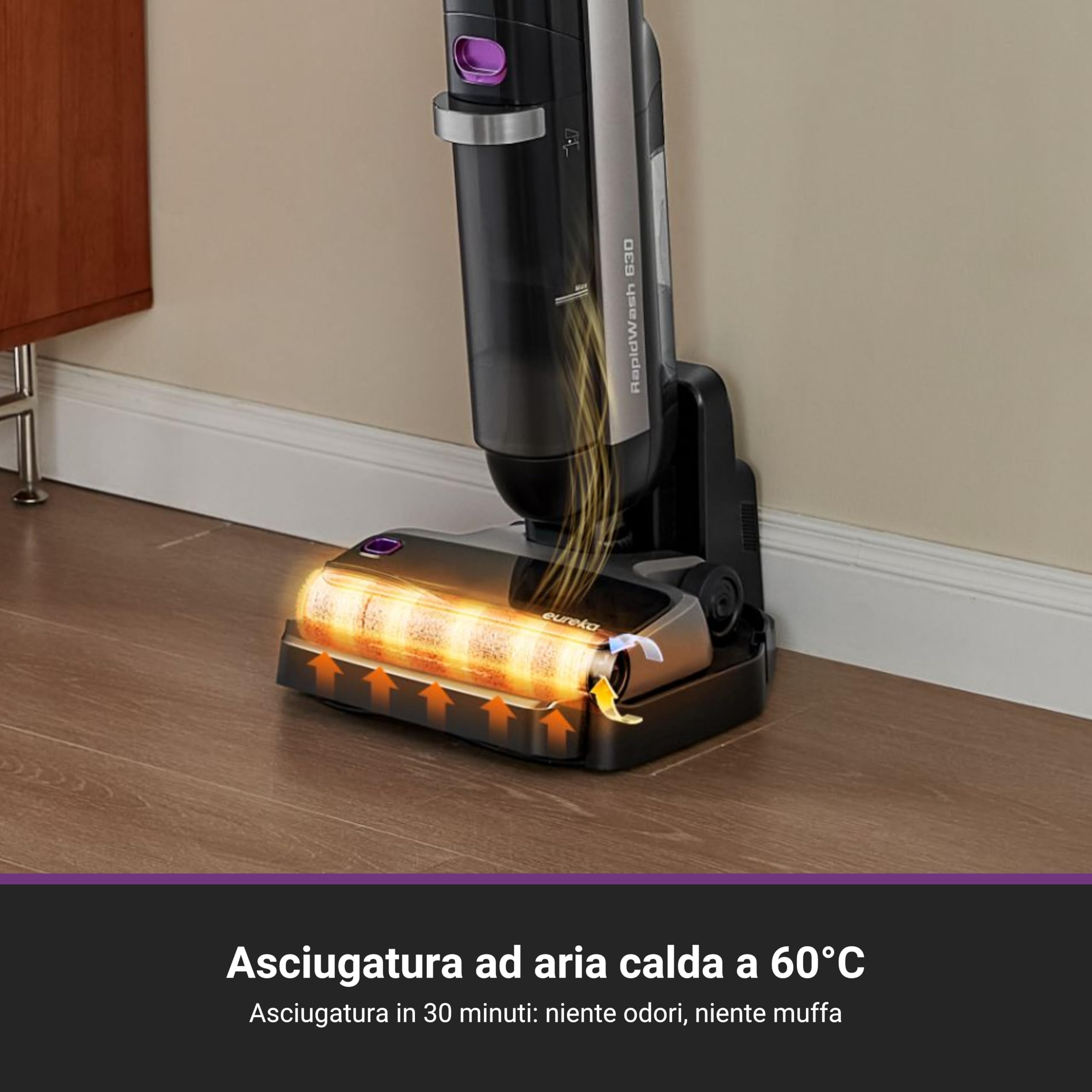 EUREKA RapidWash NEW630 Aspirapolvere/Lavapavimenti Secco/Umido,Inclinazione fino a 170°,Asciugatura ad Aria Calda 50°,21.600pa,Autonomia 38 min,Autopulizia/Anti-groviglio,Doppio Serbatoio,Display LED