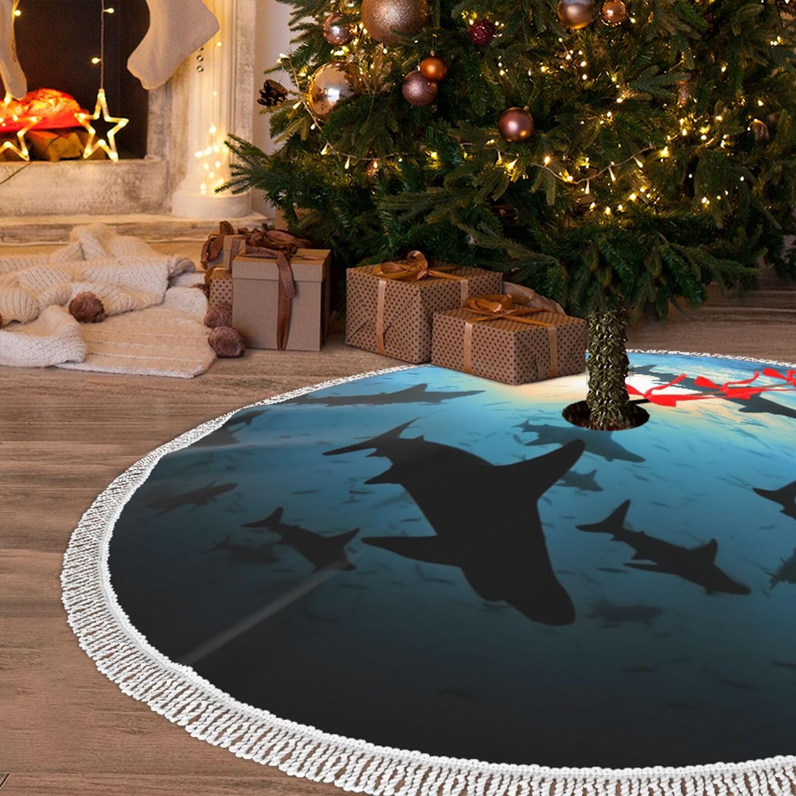 Jupe de sapin de Noël requin-marteau 122 cm en peluche douce tapis intérieur de fête