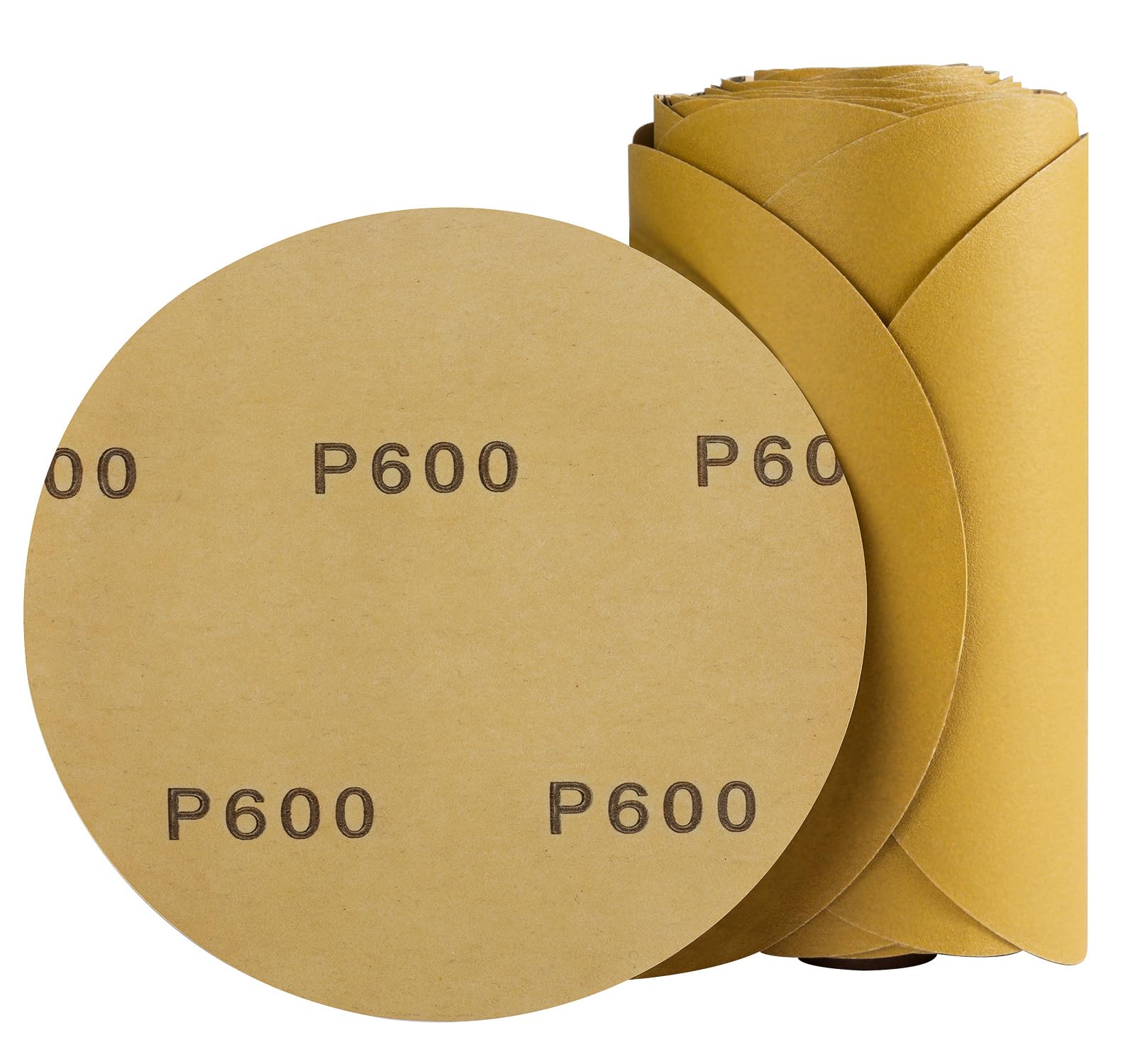 CowboyBOB 100 PCS 6 Inch Gold PSA Sanding Discs 600 Grit Self Adhesive Sticky-Back Sandpaper Roll for DA Sander Automotive Car Paint Woodworking Wood
