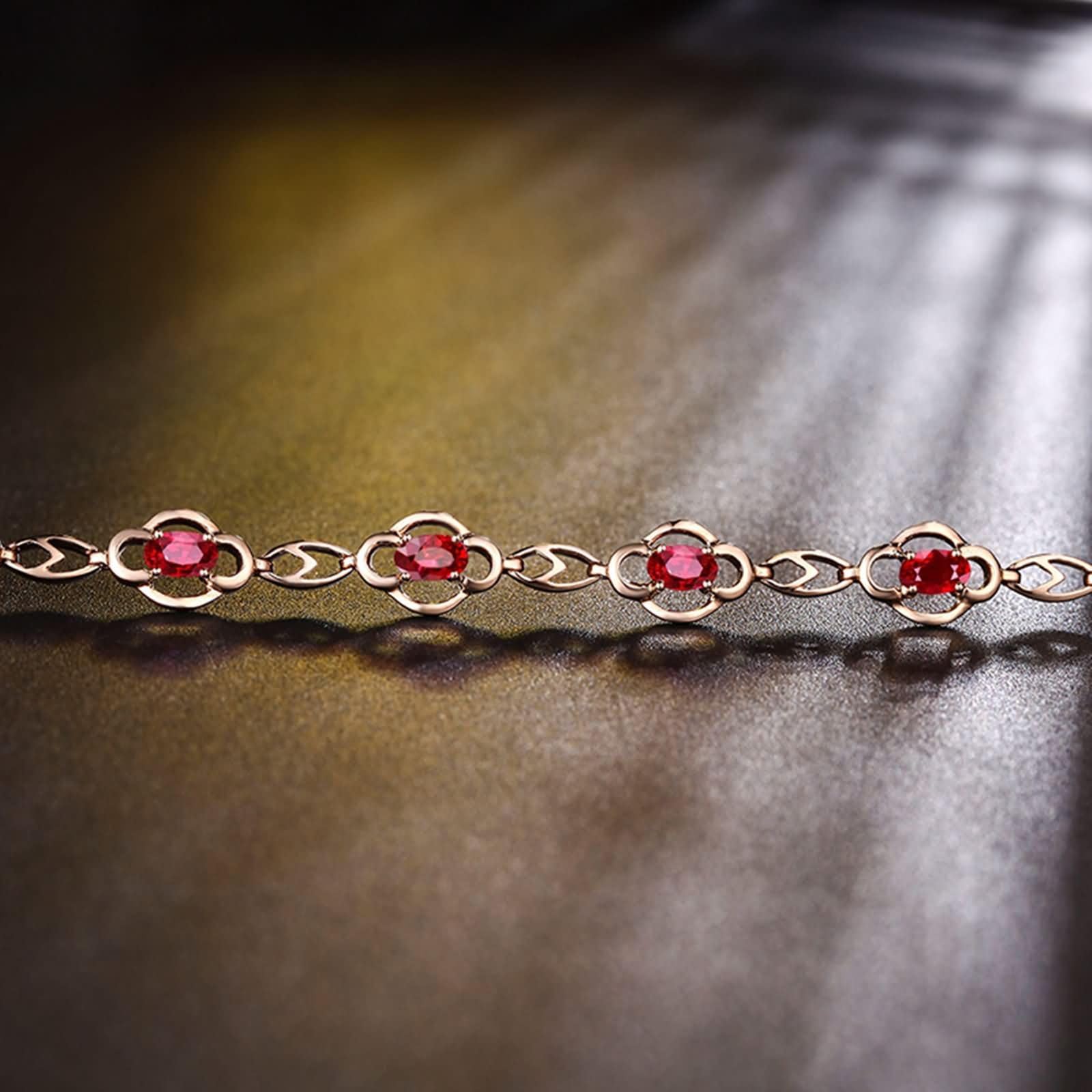 Pulseras de Mujer de Oro Rosa de 9 Kilates / 14 Kilates / 18 Kilates, Hueco y Oval con Rubí y Diamante, Cadena Extensible 16 CM + 5 CM, Pulseras de Mujer Ajustable de Oro Rosa